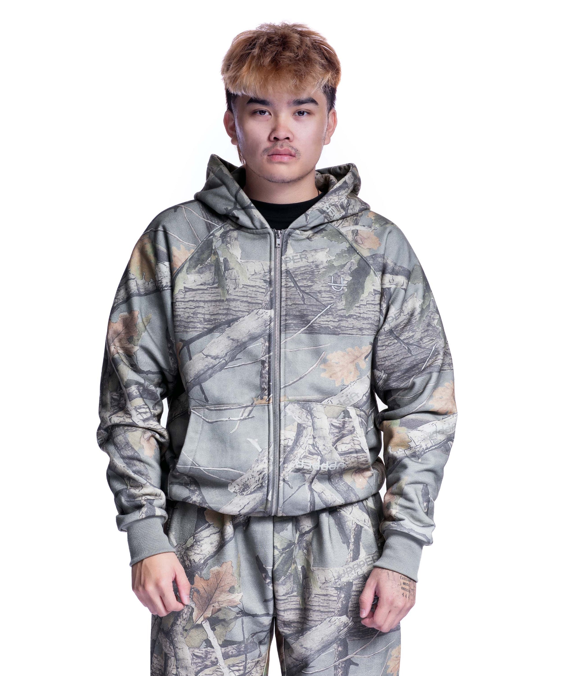 front of camo uppper double zip hoodie mens on white background