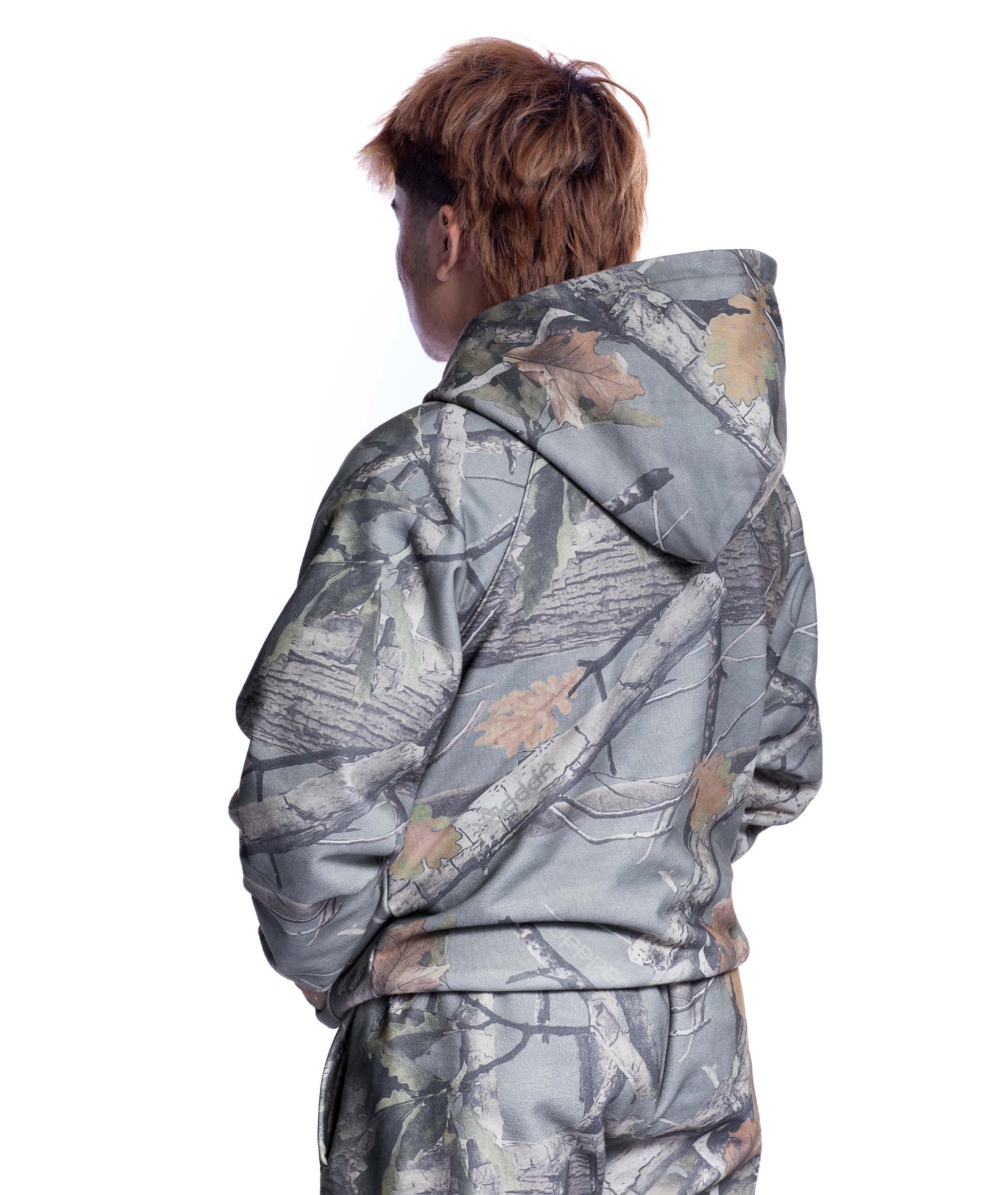 back of camo uppper double zip hoodie mens on white background