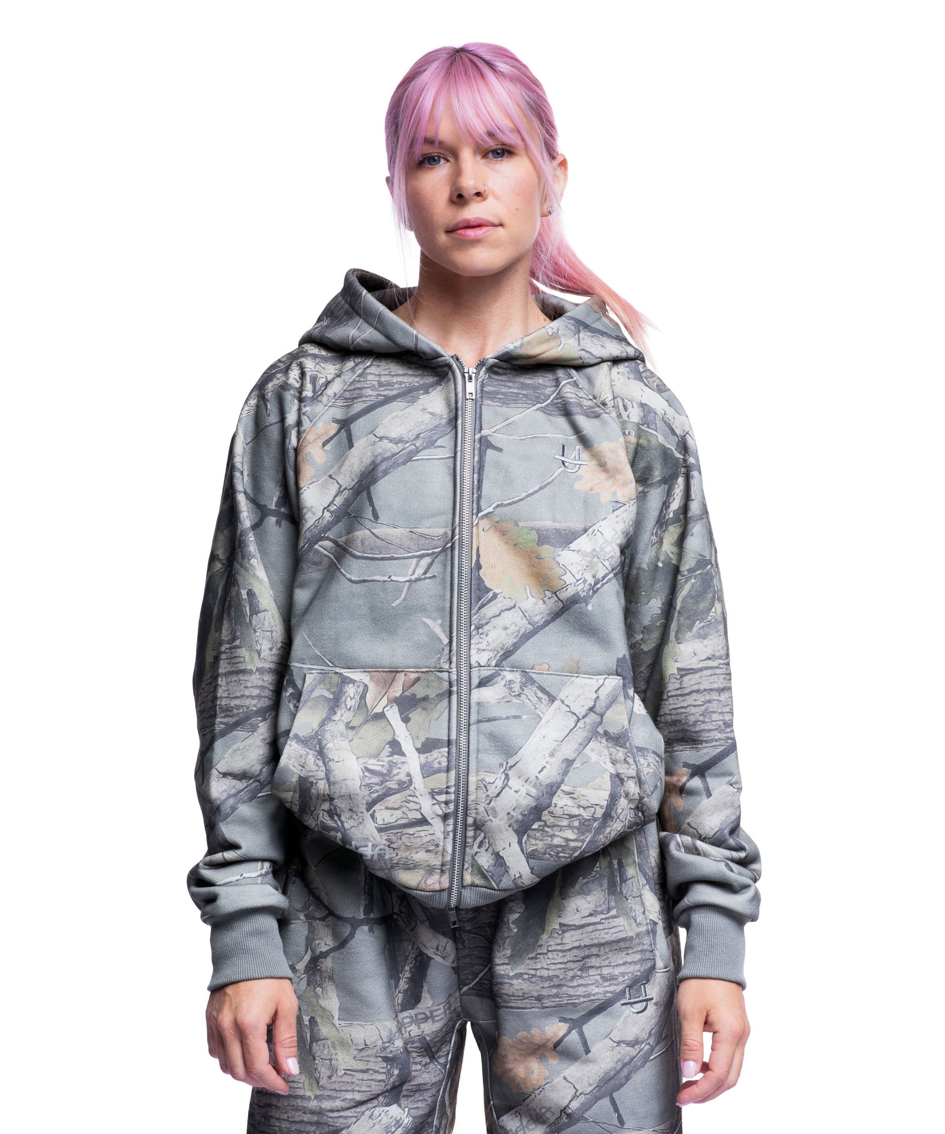 front of camo uppper double zip hoodie womens on white background