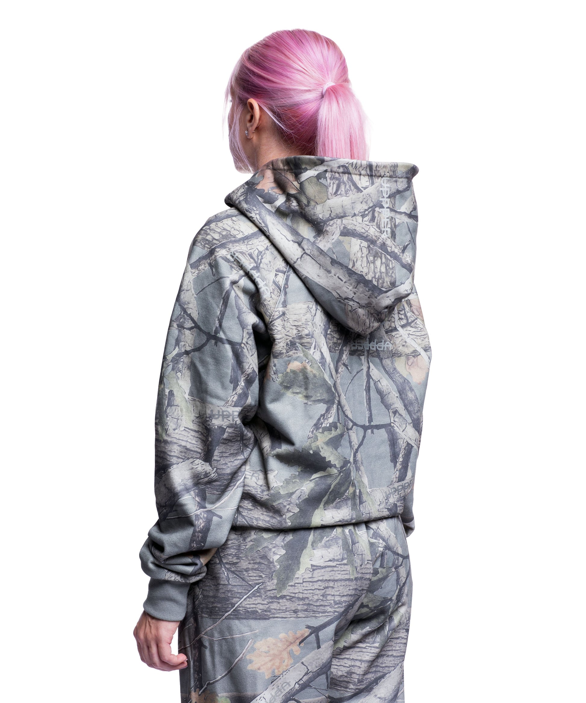 back of camo uppper double zip hoodie womens on white background