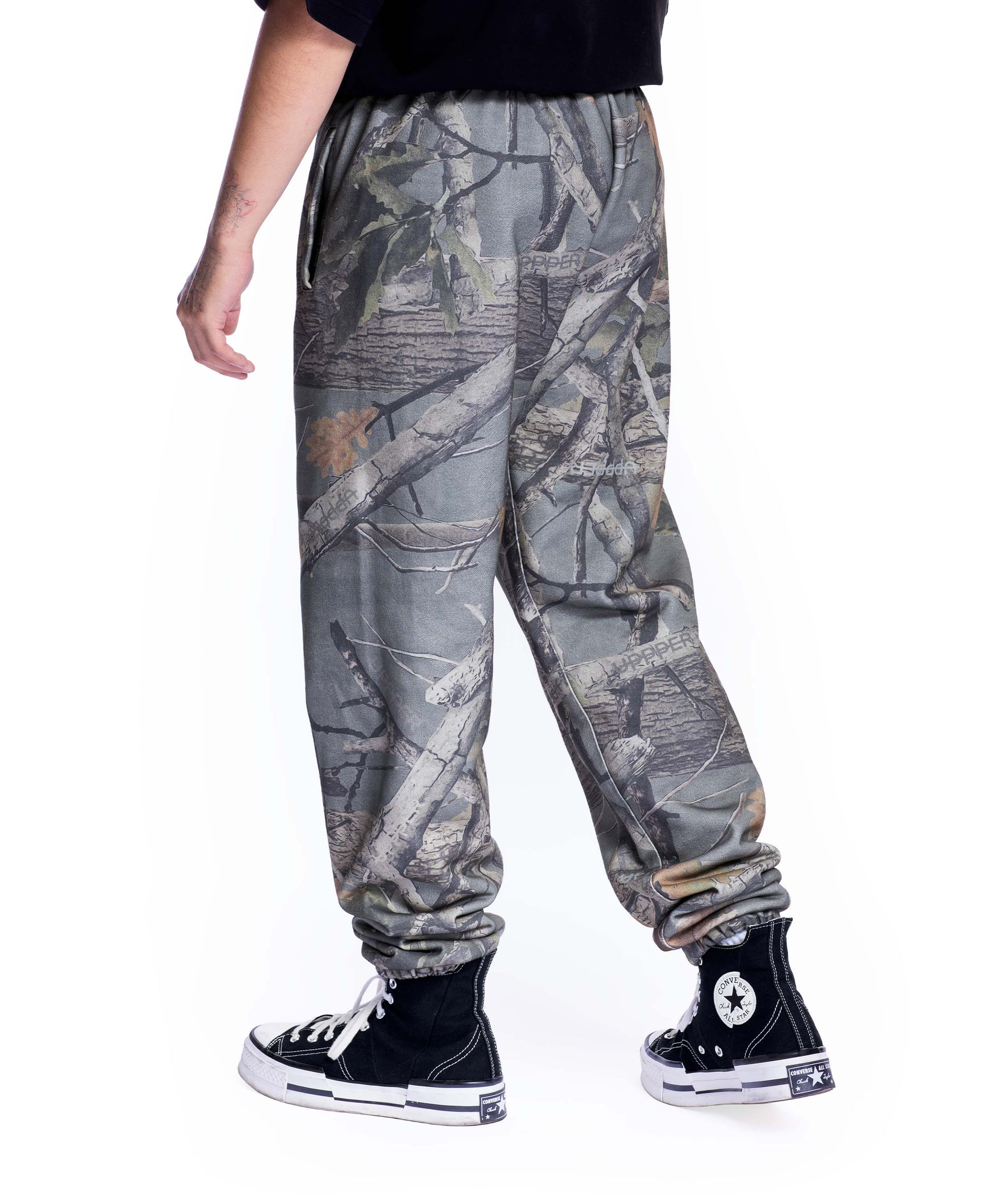 camo uppper sweatpants mens back view on white background