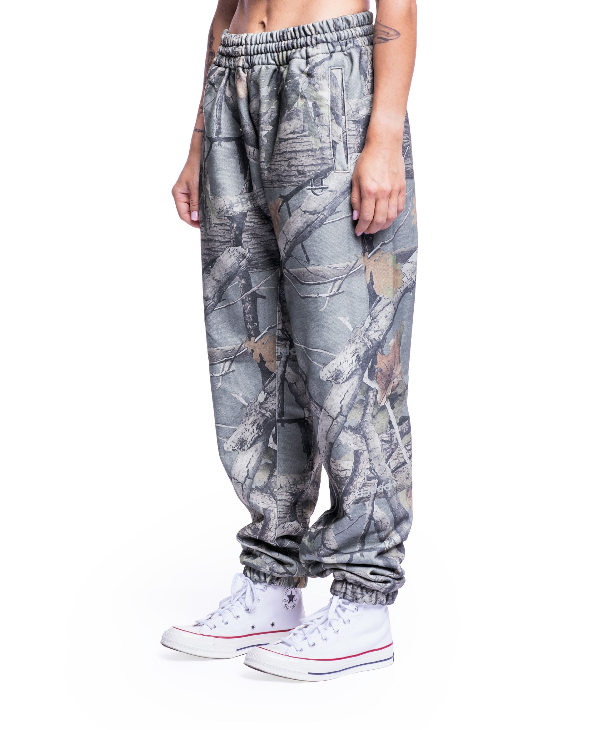 camo uppper sweatpants mens back view on white background