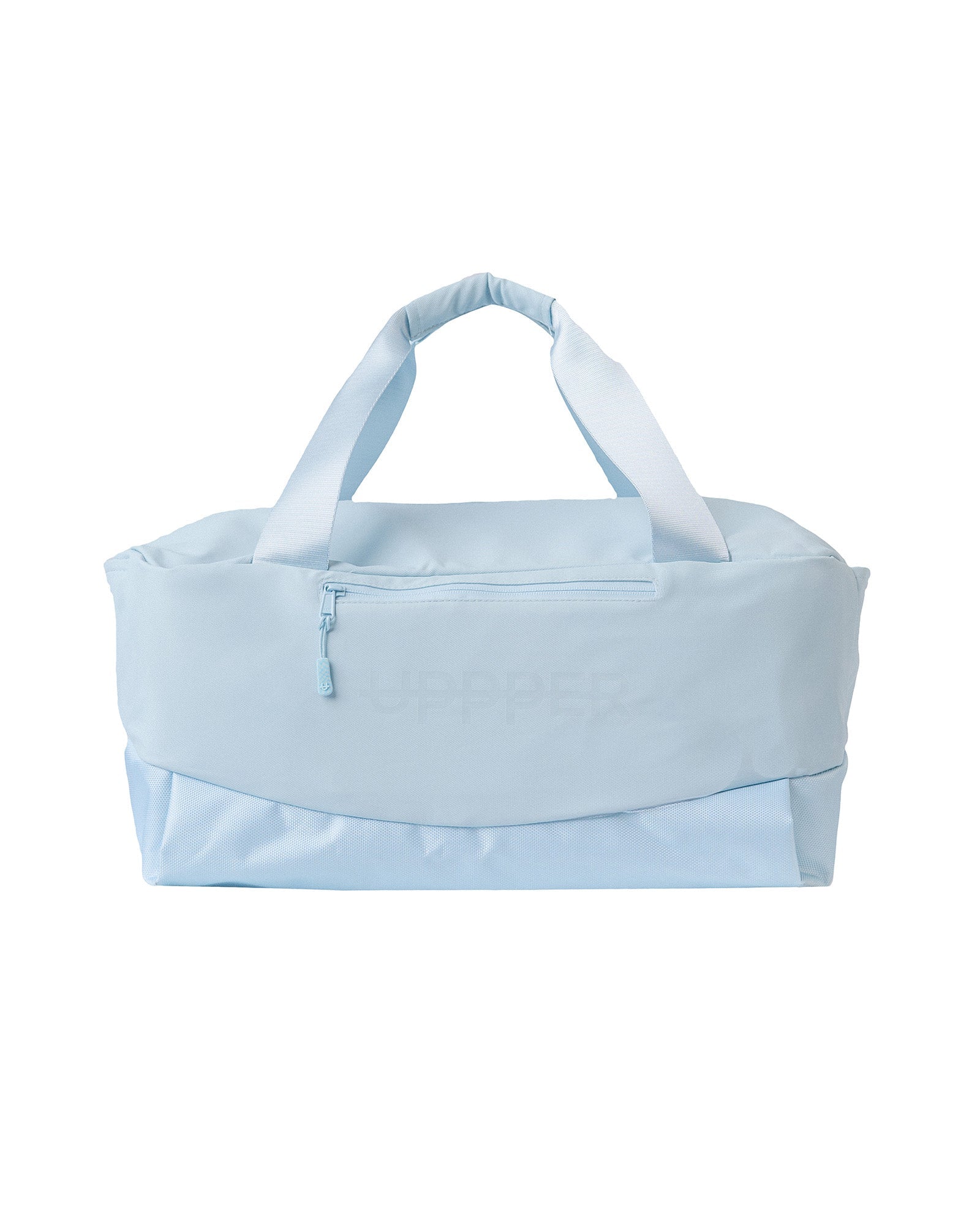 baby blue uppper duffel bag with top carry handle and front zip pocket on white background