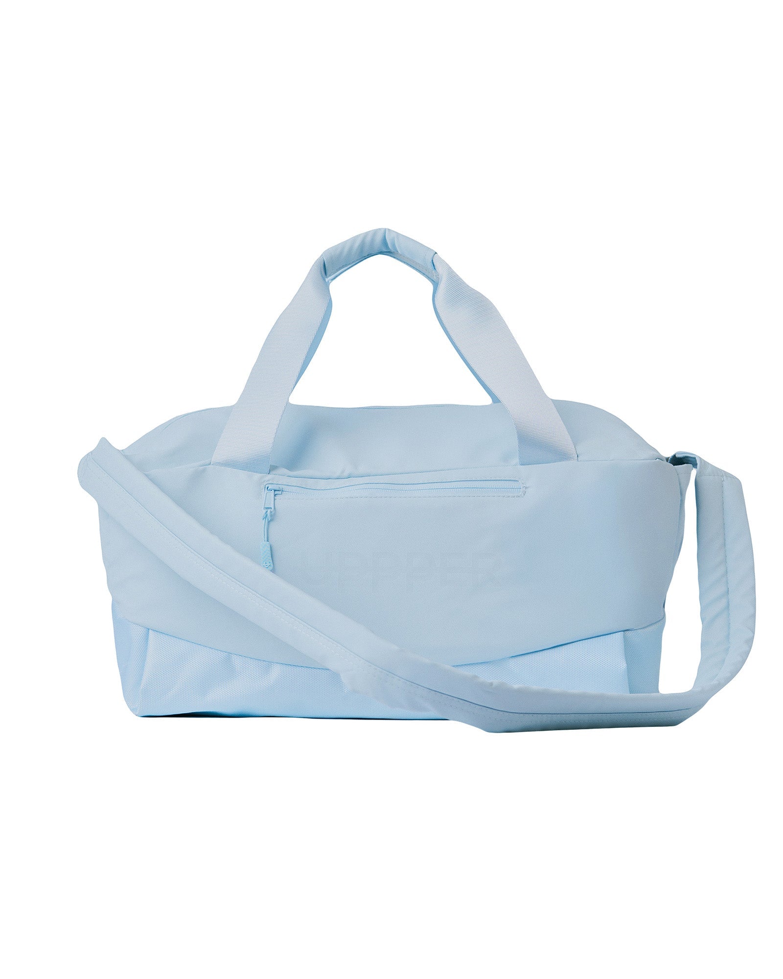 baby blue uppper gym bag open showing spacious interior and organization compartments