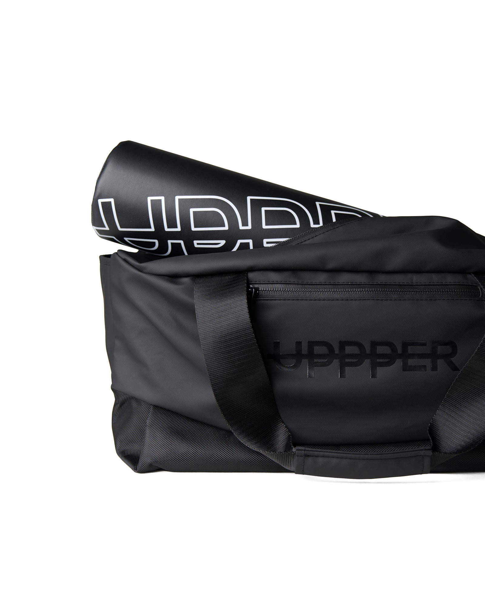 close-up of black uppper gym bag zipper hardware and uppper logo detail