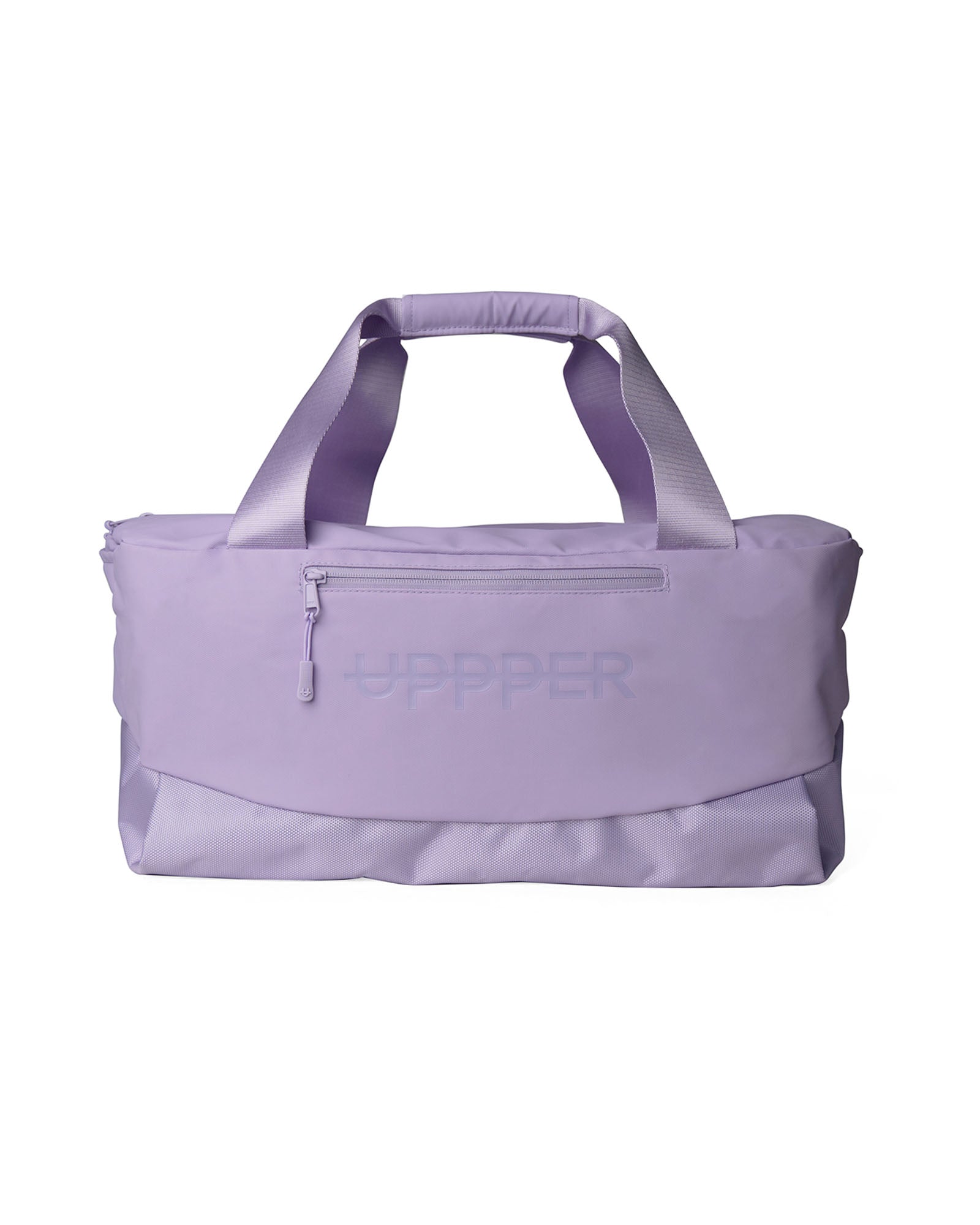 lavender uppper duffel bag with top carry handle and front zip pocket on white background
