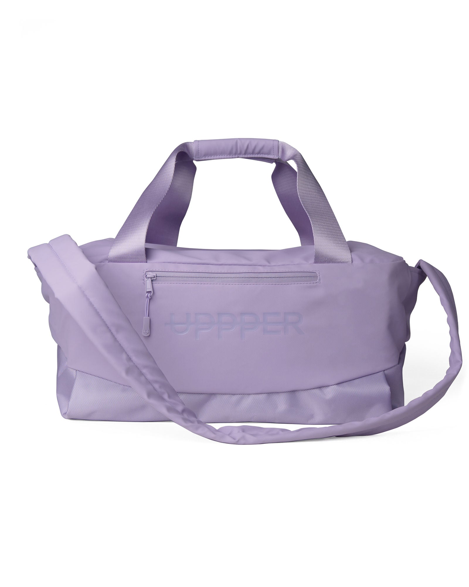 lavender uppper gym bag with a shoulder strap on a white background