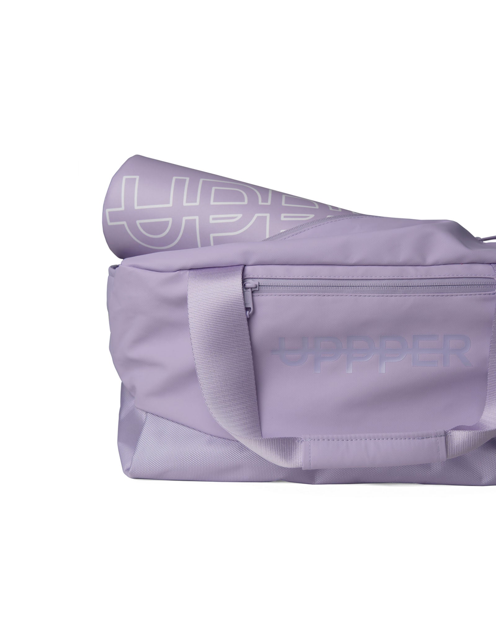 close-up of lavender uppper gym bag zipper hardware and uppper logo detail