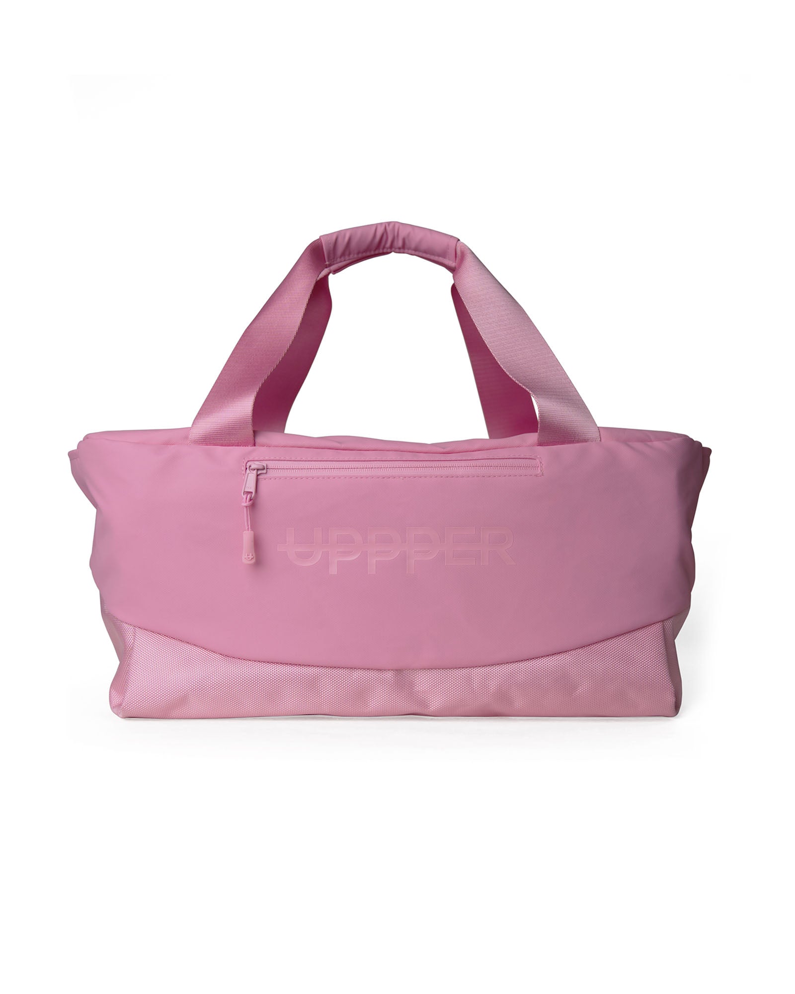 pink uppper duffel bag with top carry handle and front zip pocket on white background