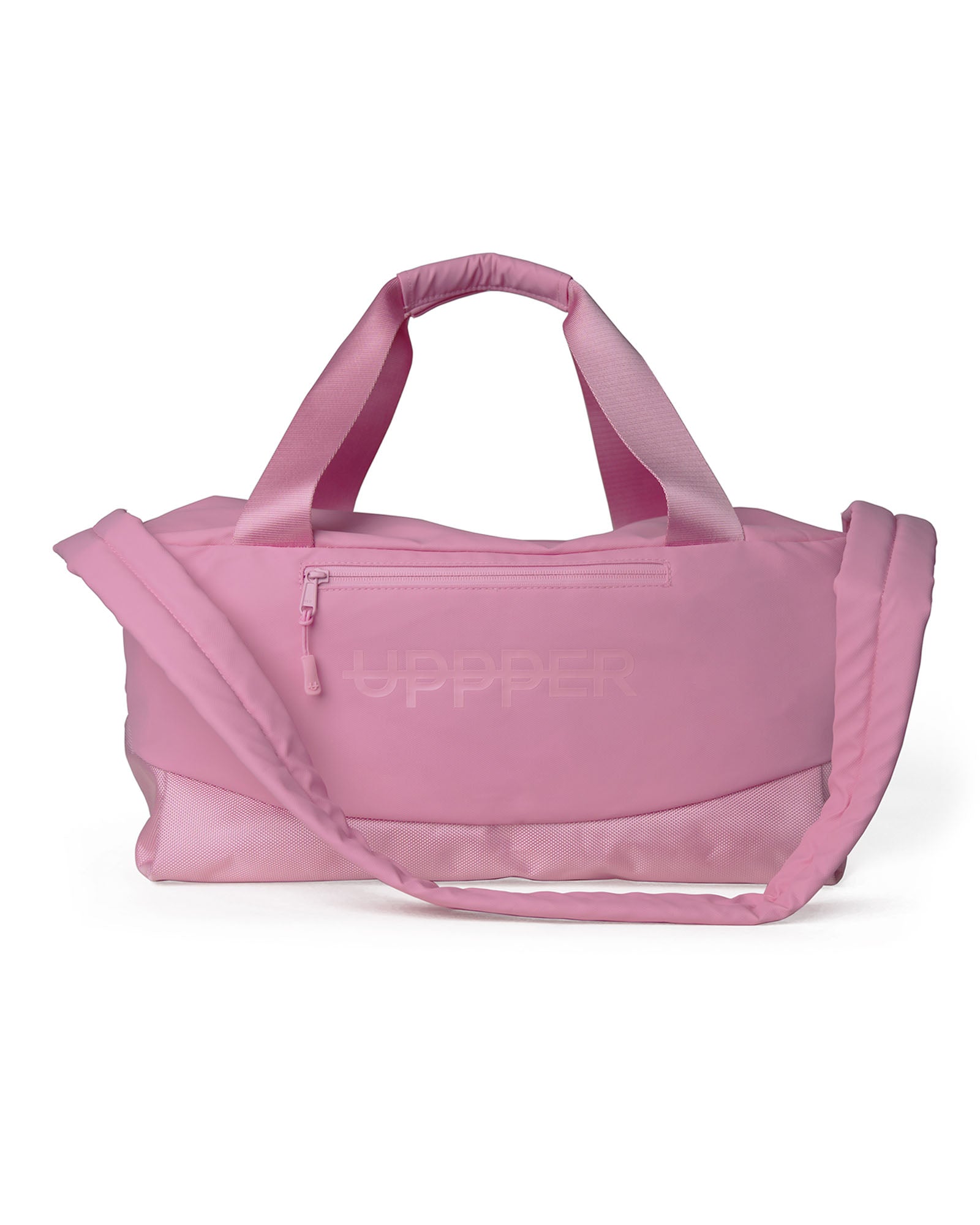 pink uppper gym bag with a shoulder strap on a white background