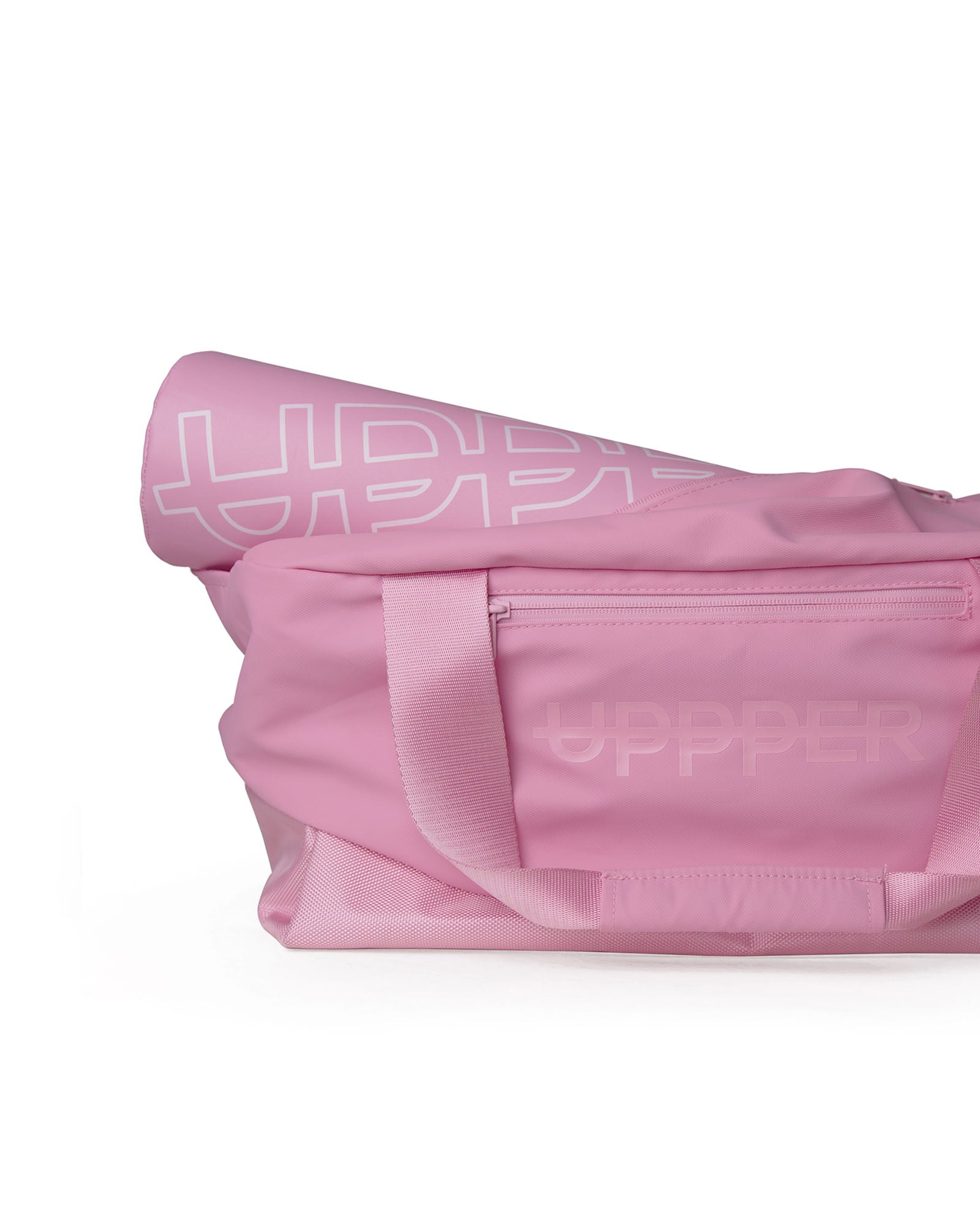 close-up of pink uppper gym bag zipper hardware and uppper logo detail