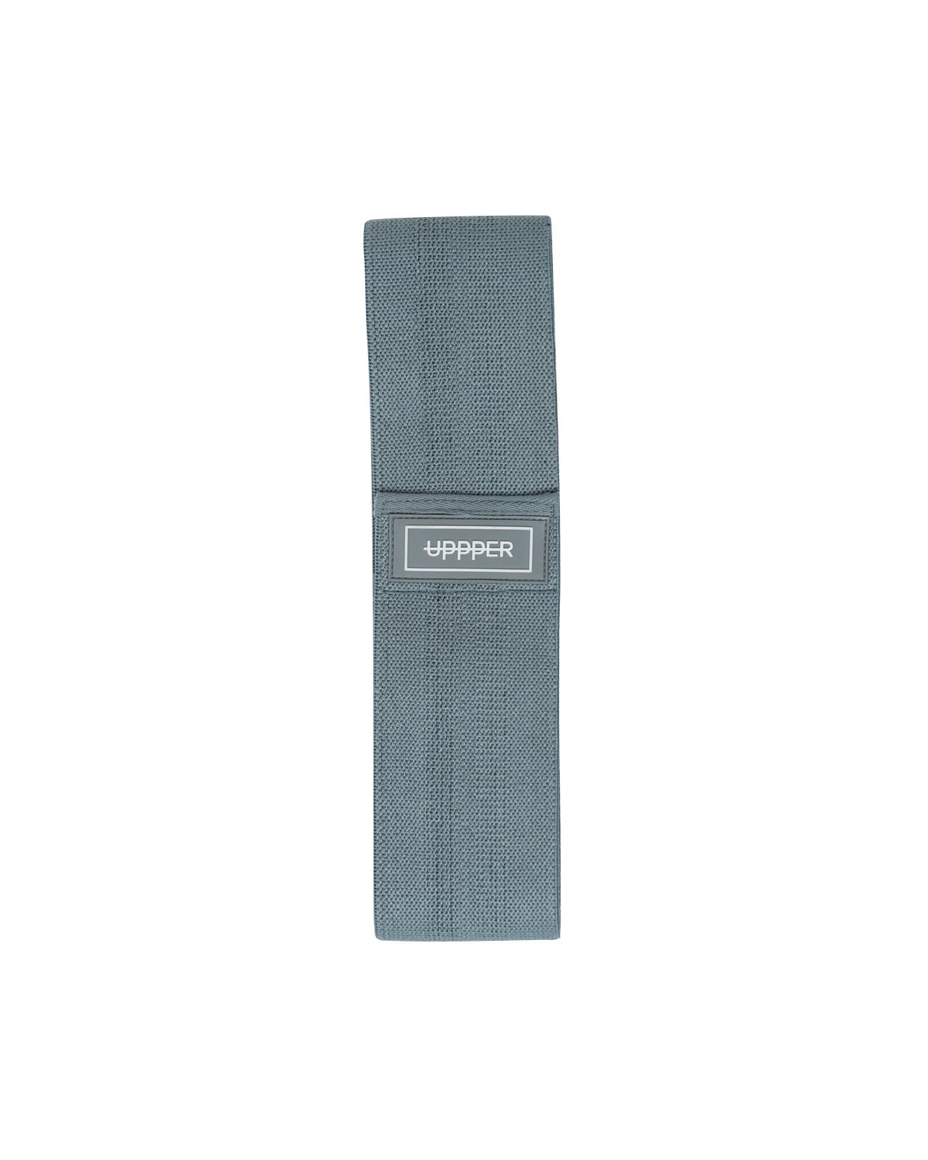 grey uppper fabric hip resistance band laid flat with uppper label on white background