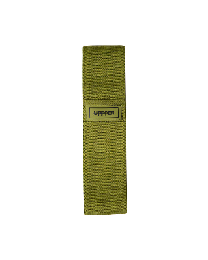 khaki uppper fabric hip resistance band laid flat on white background
