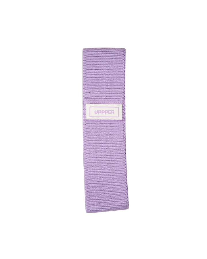 lavender uppper fabric hip resistance band laid flat on white background