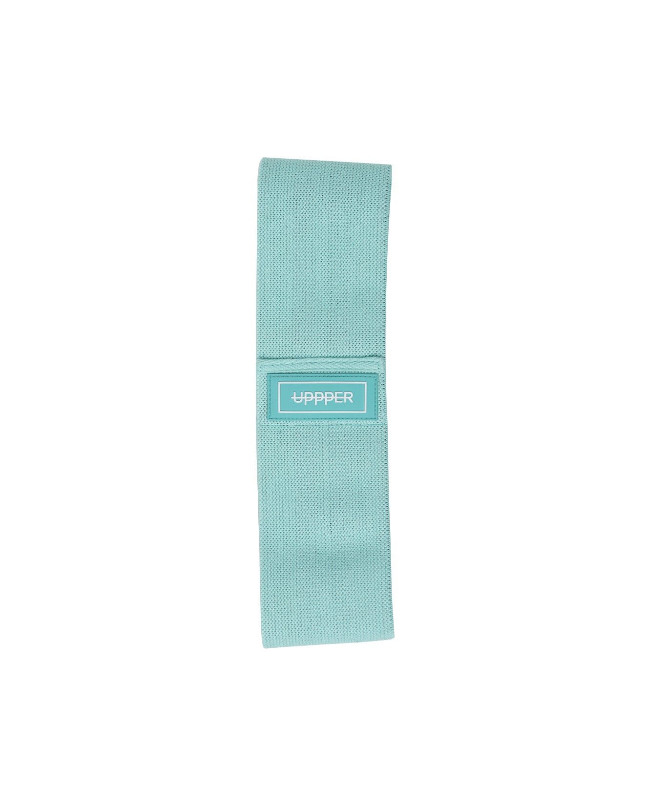tan uppper fabric hip resistance band laid flat with uppper label on white background