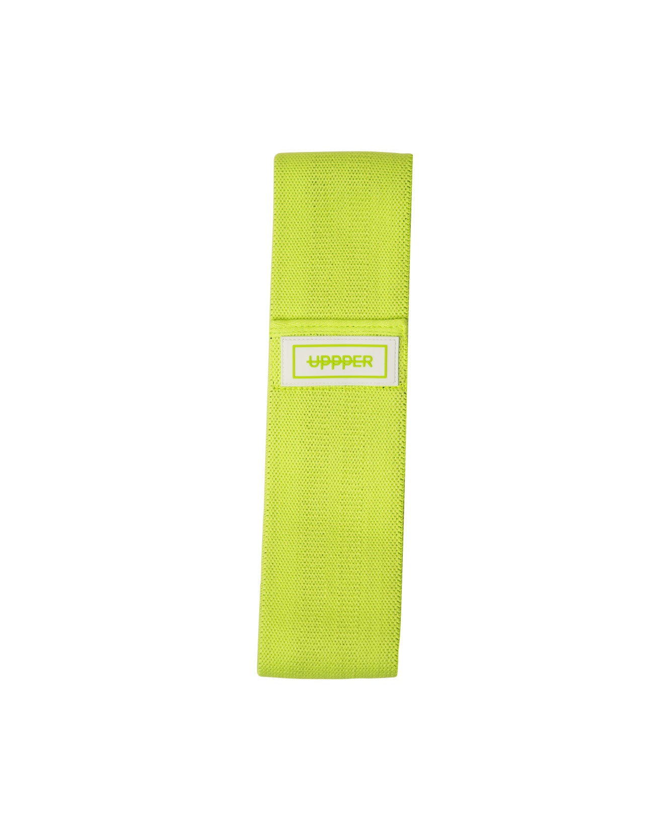 neon green uppper fabric hip resistance band laid flat with uppper label on white background