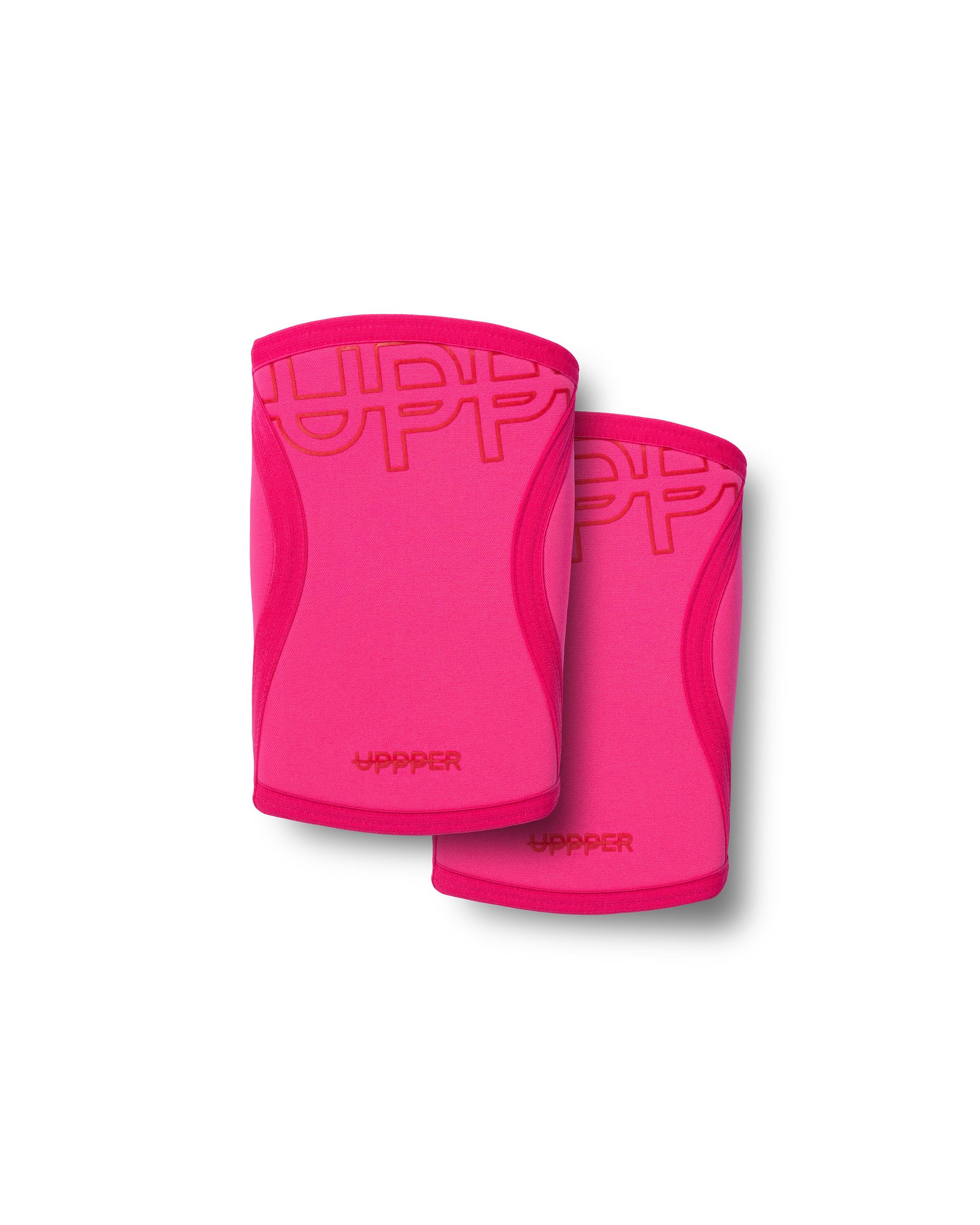 pair of neon pink neoprene uppper knee sleeves with uppper logo on white background