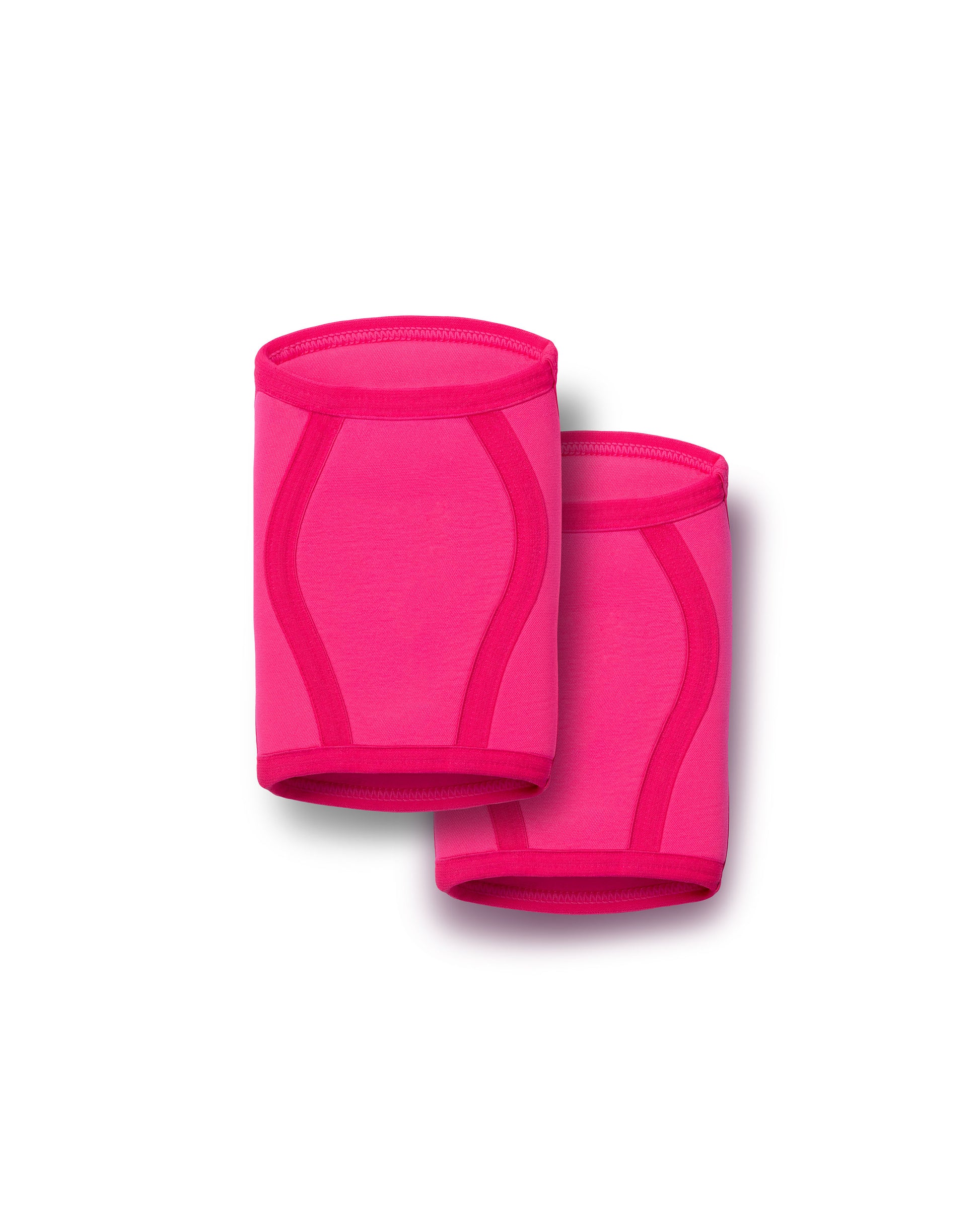 neon pink uppper knee sleeves back view showing contoured shape and texture