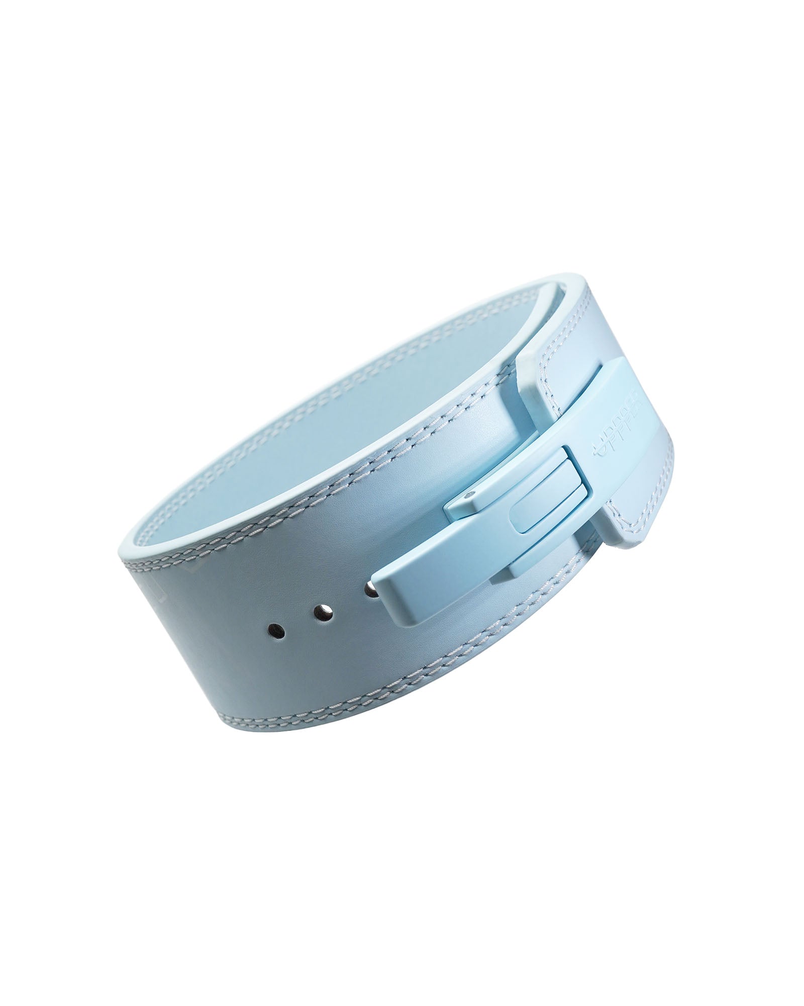 baby blue uppper leather lever belt coiled showing lever buckle mechanism on white background