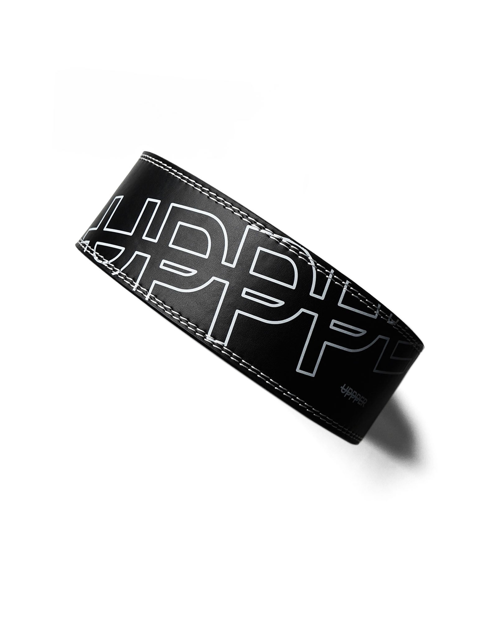 black uppper leather lever belt on white background showing stitching detail and logo