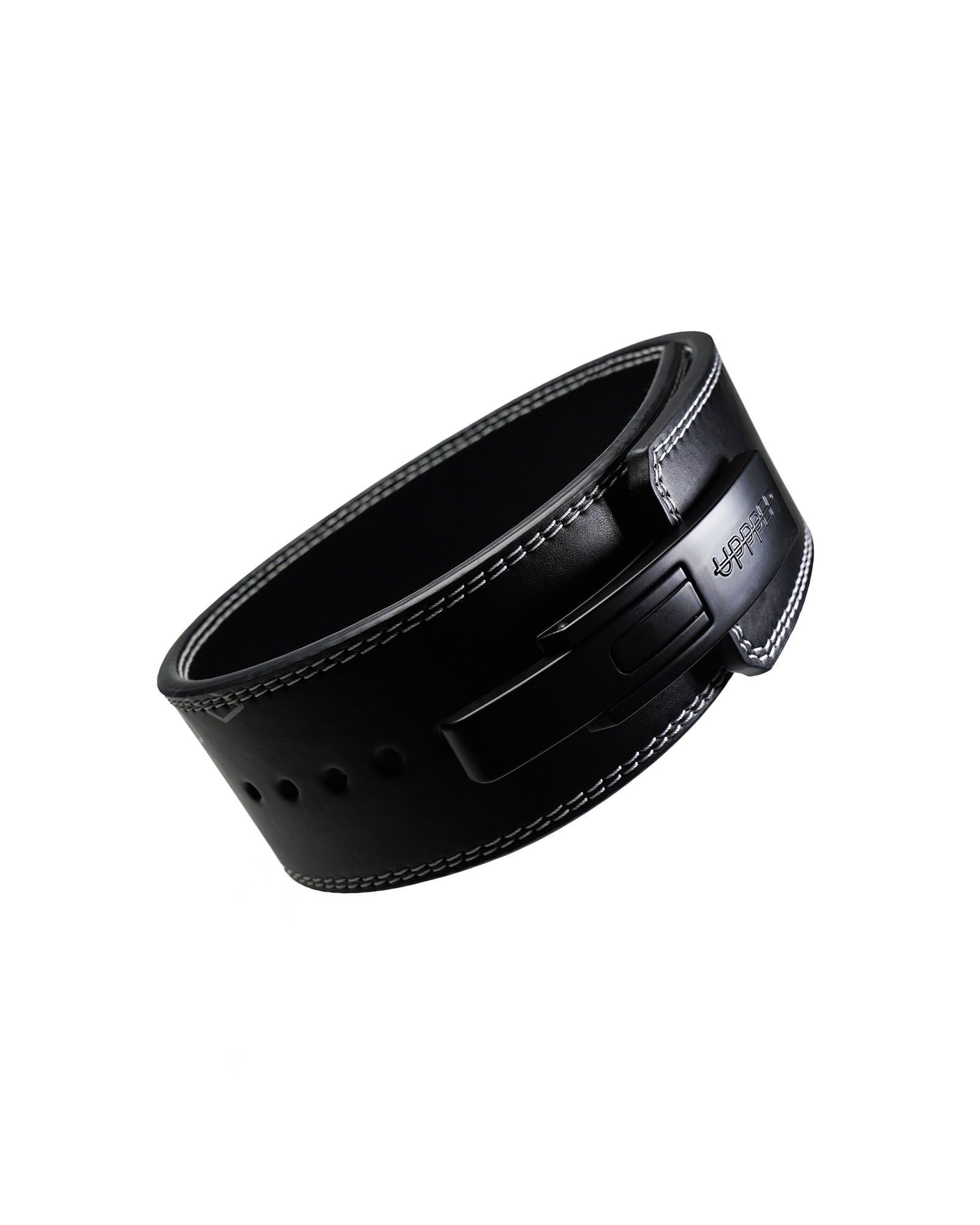 black uppper leather lever belt coiled showing lever buckle mechanism on white background