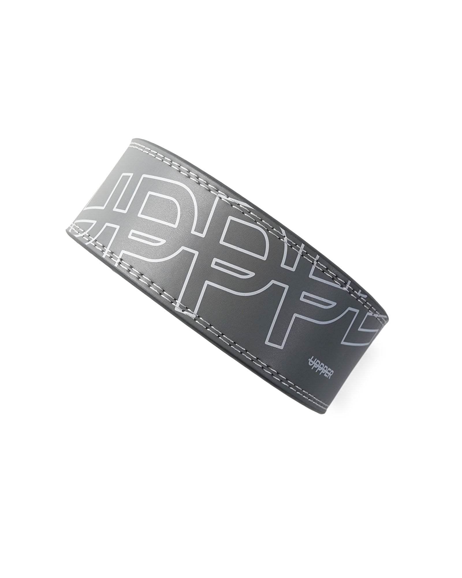 grey uppper lever belt on white background showing stitching detail and logo