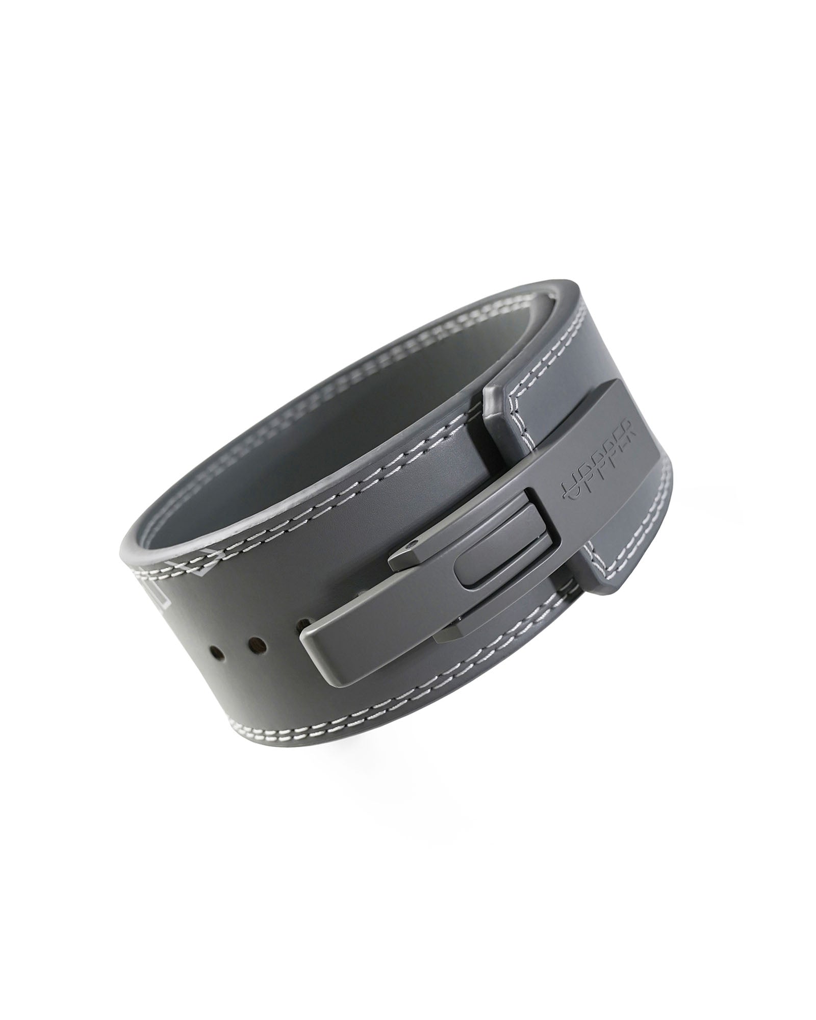 grey uppper leather lever belt coiled showing lever buckle mechanism on white background