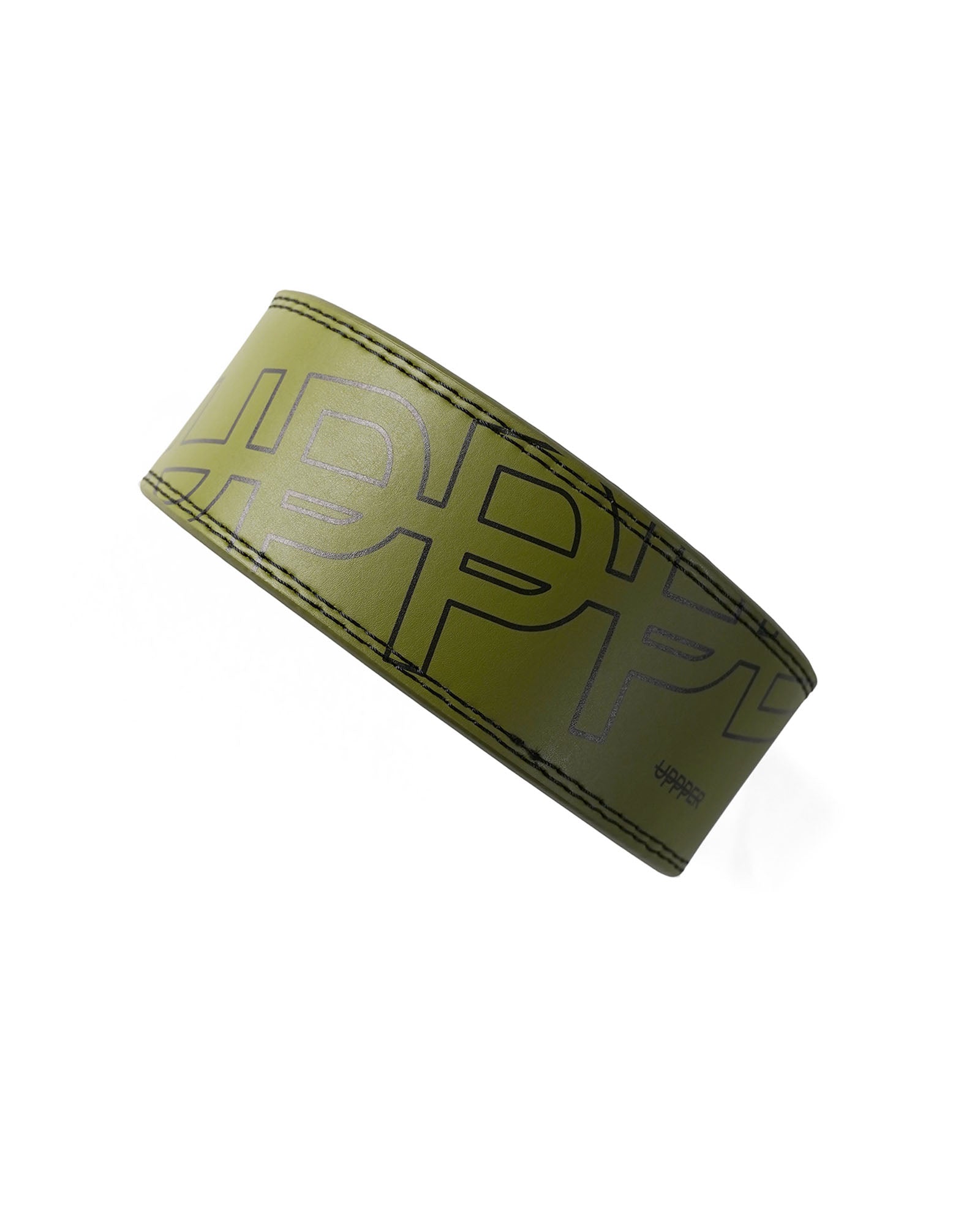 khaki uppper leather lever belt showing stitching detail and logo on white background