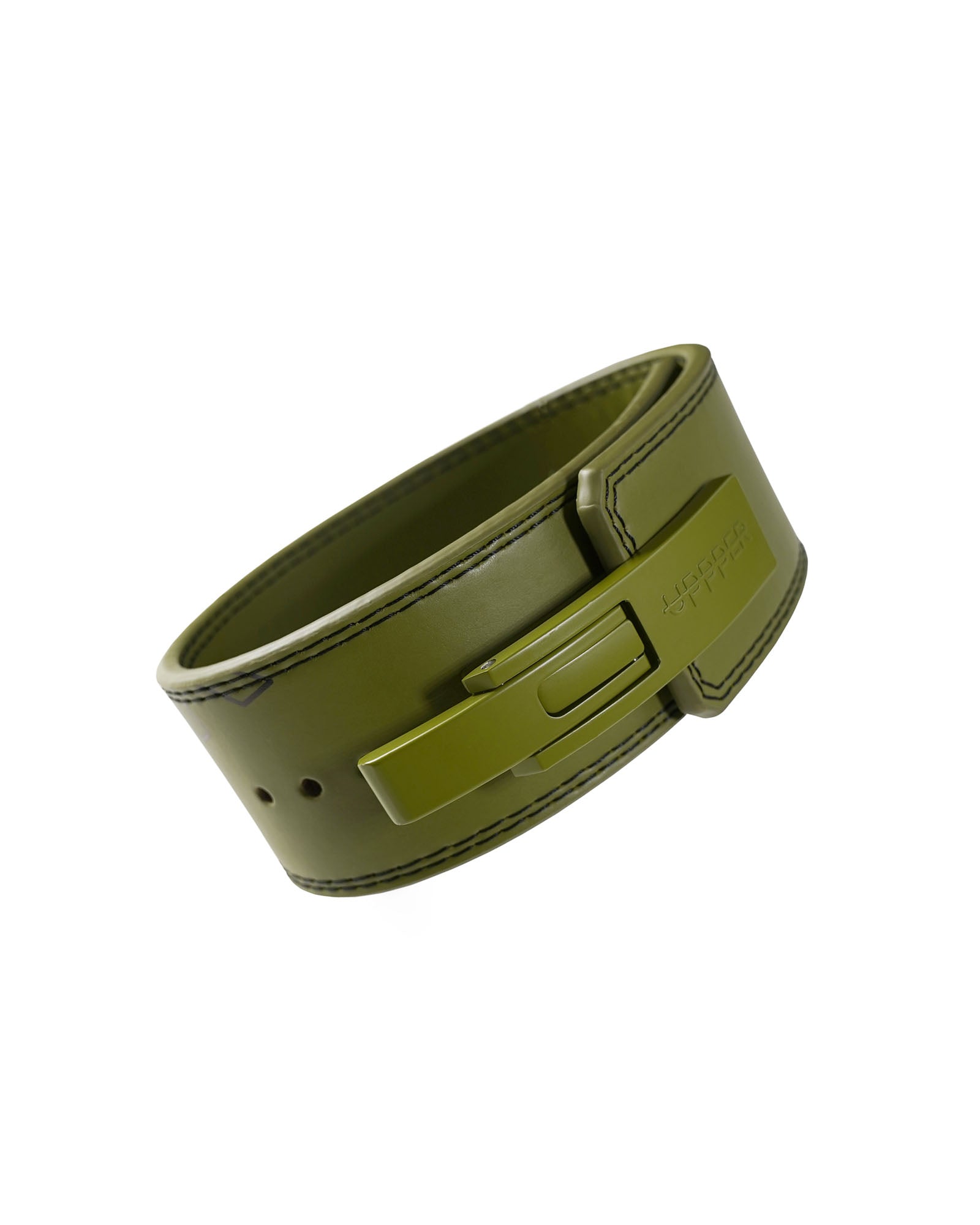 khaki uppper leather lever belt coiled showing lever buckle mechanism on white background
