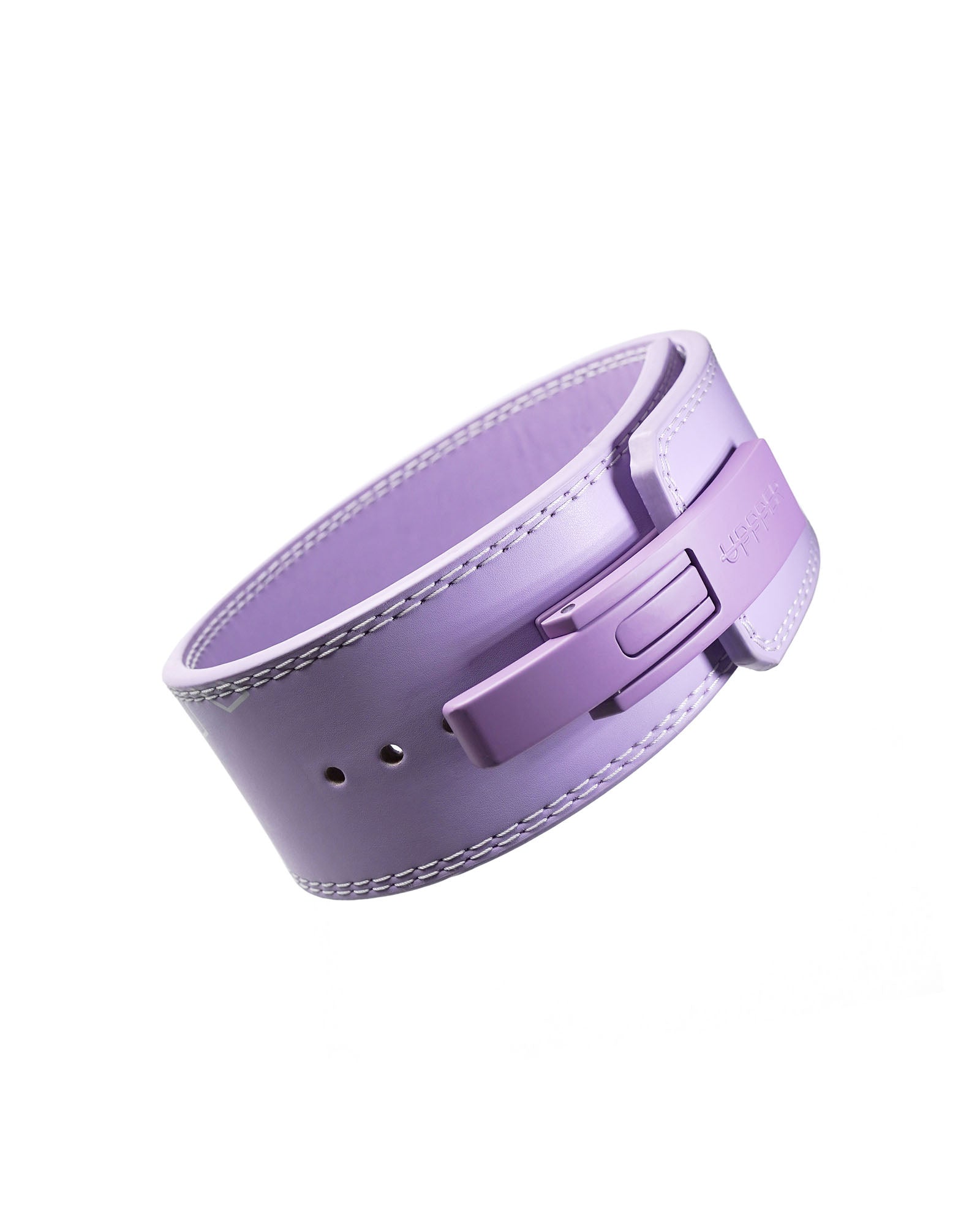 lavender uppper leather lever belt coiled showing lever buckle mechanism on white background