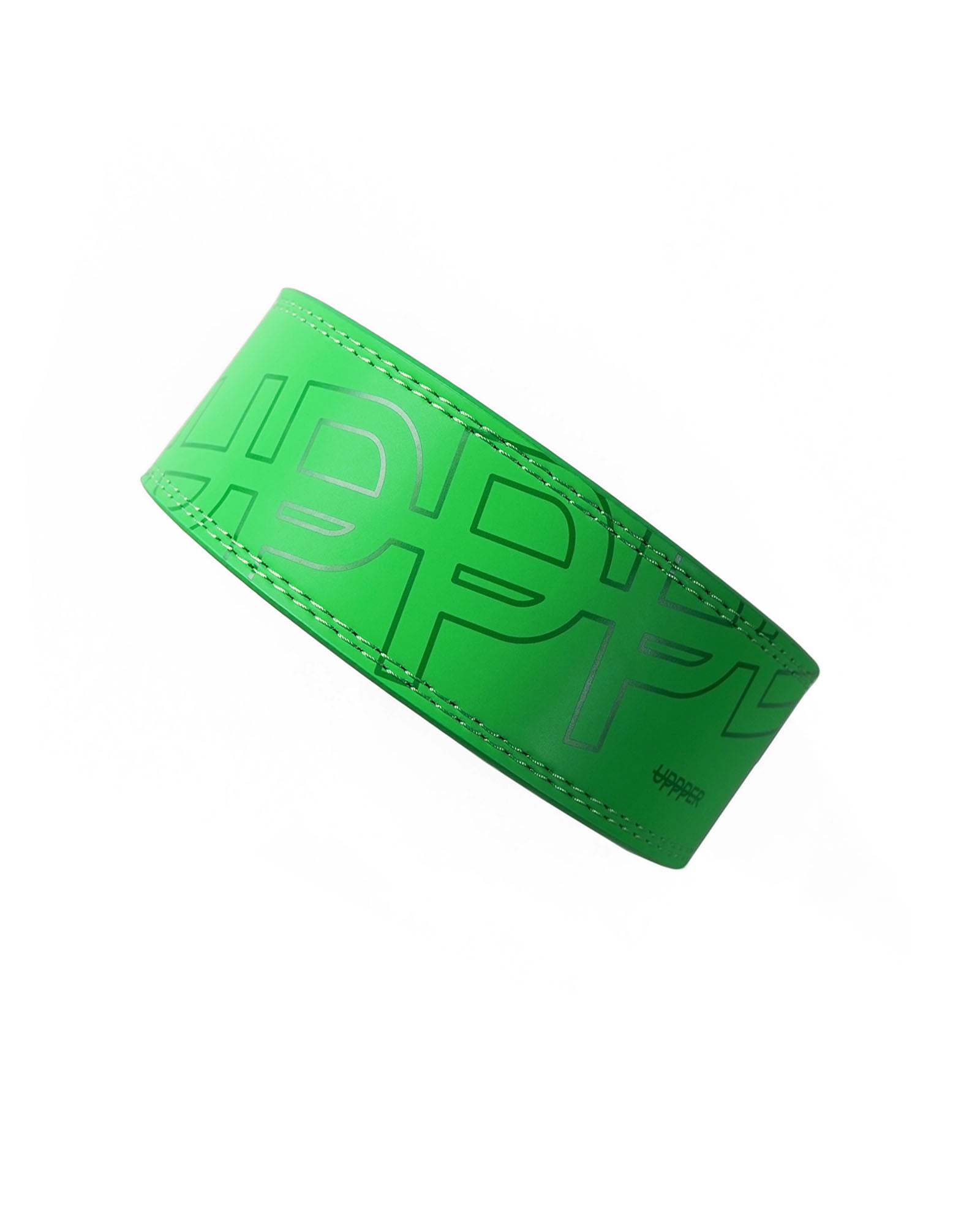 neon green uppper leather lever belt flat lay showing stitching detail and lever buckle