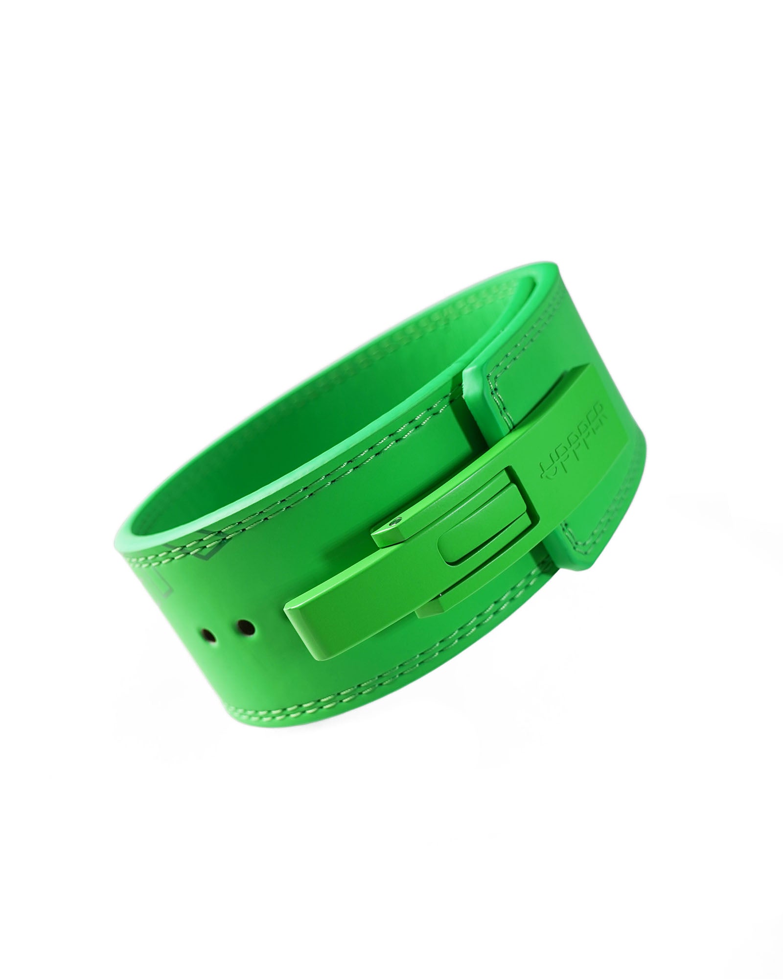 neon green uppper leather lever belt coiled showing lever buckle mechanism on white background