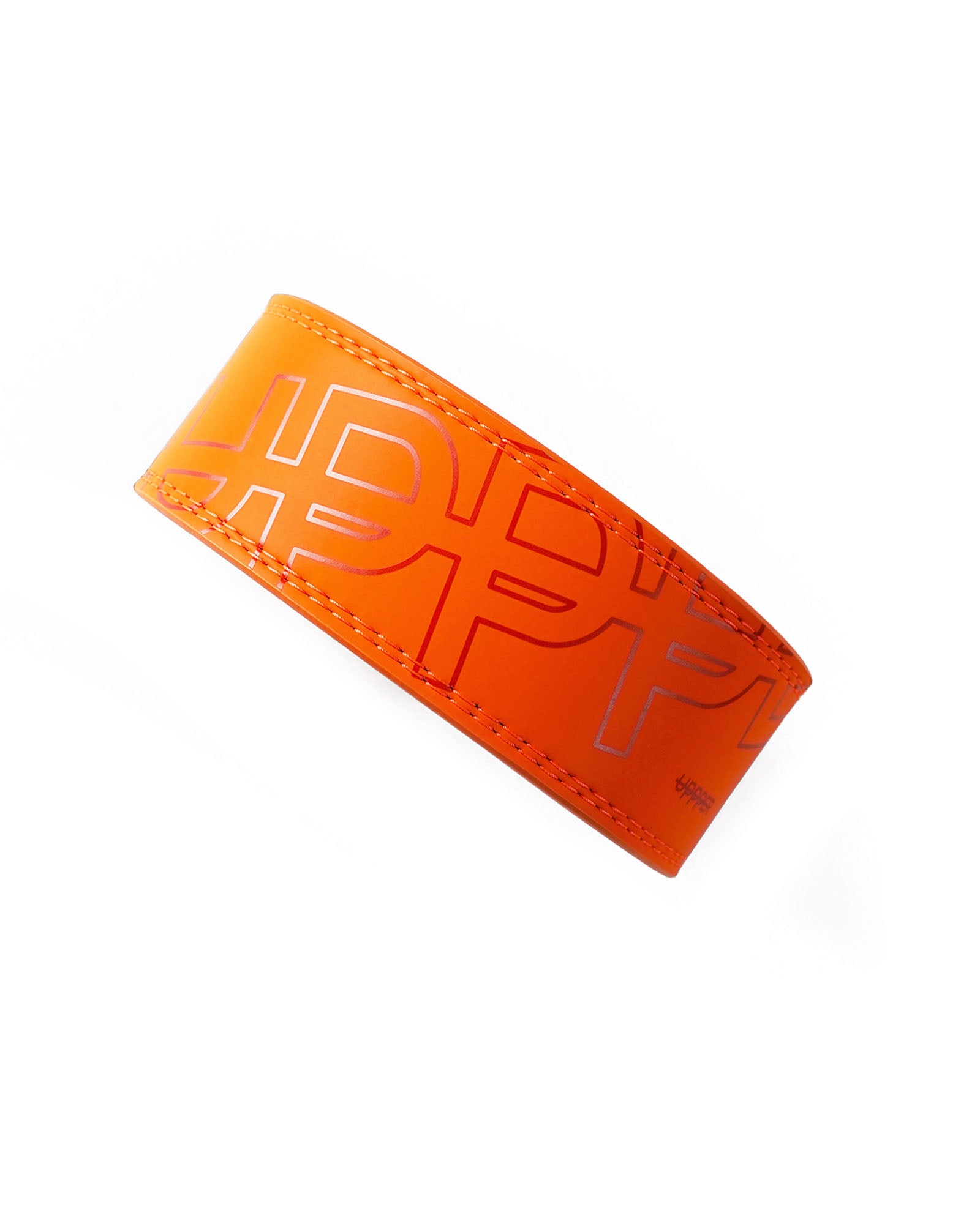 neon orange uppper lever belt showing stitching detail and logo on white background