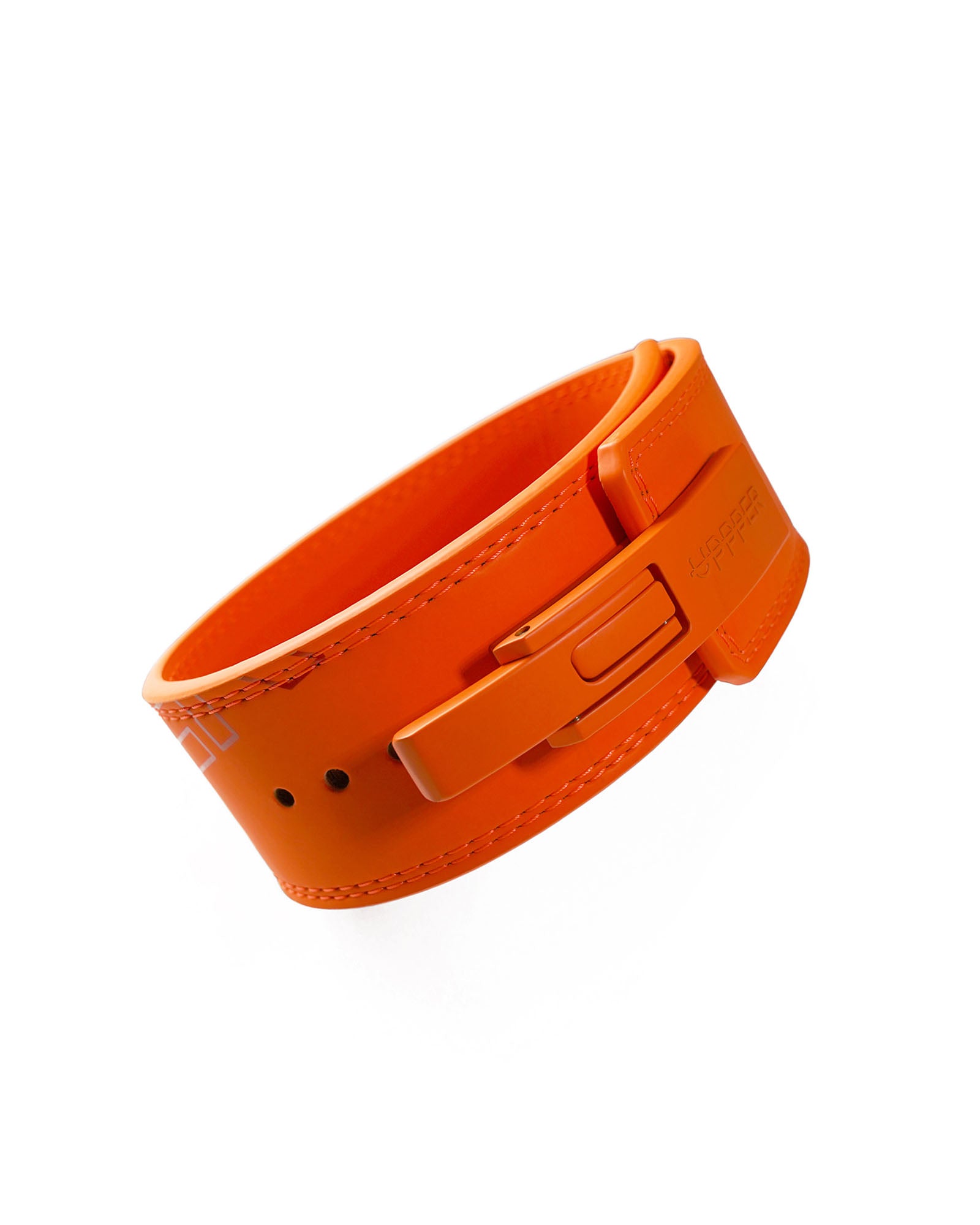 neon orange uppper leather lever belt coiled showing lever buckle mechanism on white background