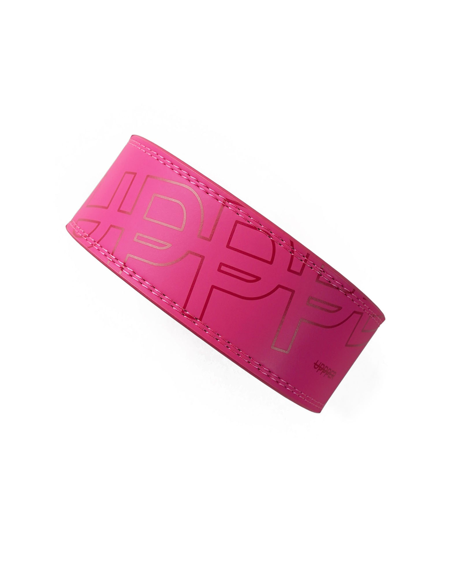 neon pink uppper lever belt showing stitching detail and logo on white background