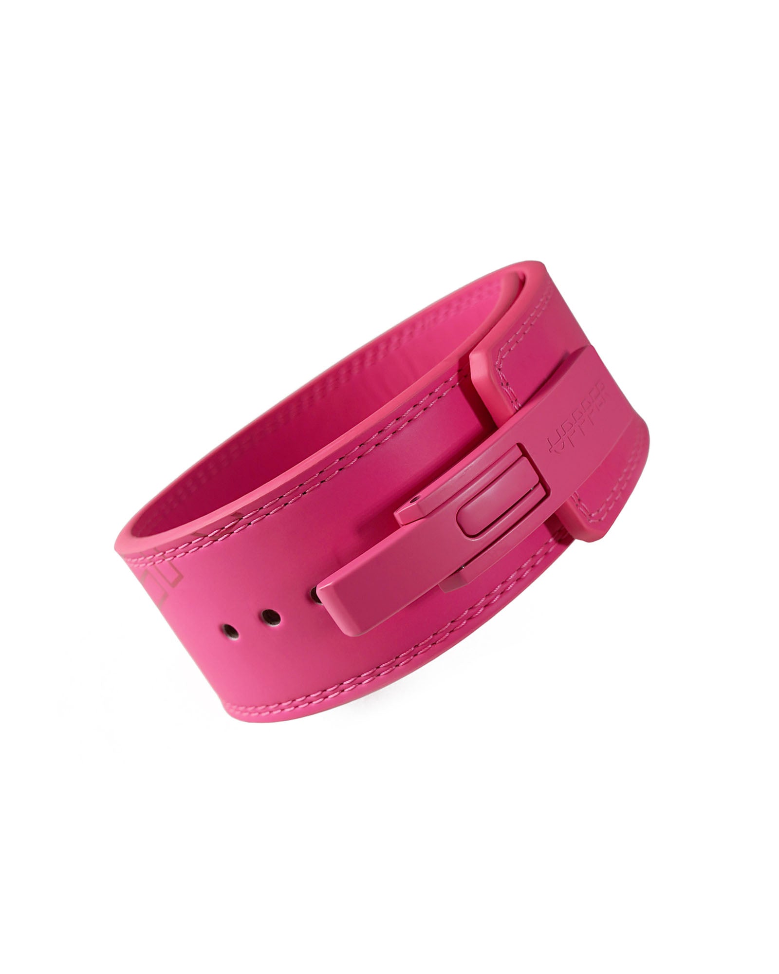 neon pink uppper leather lever belt coiled showing lever buckle mechanism on white background