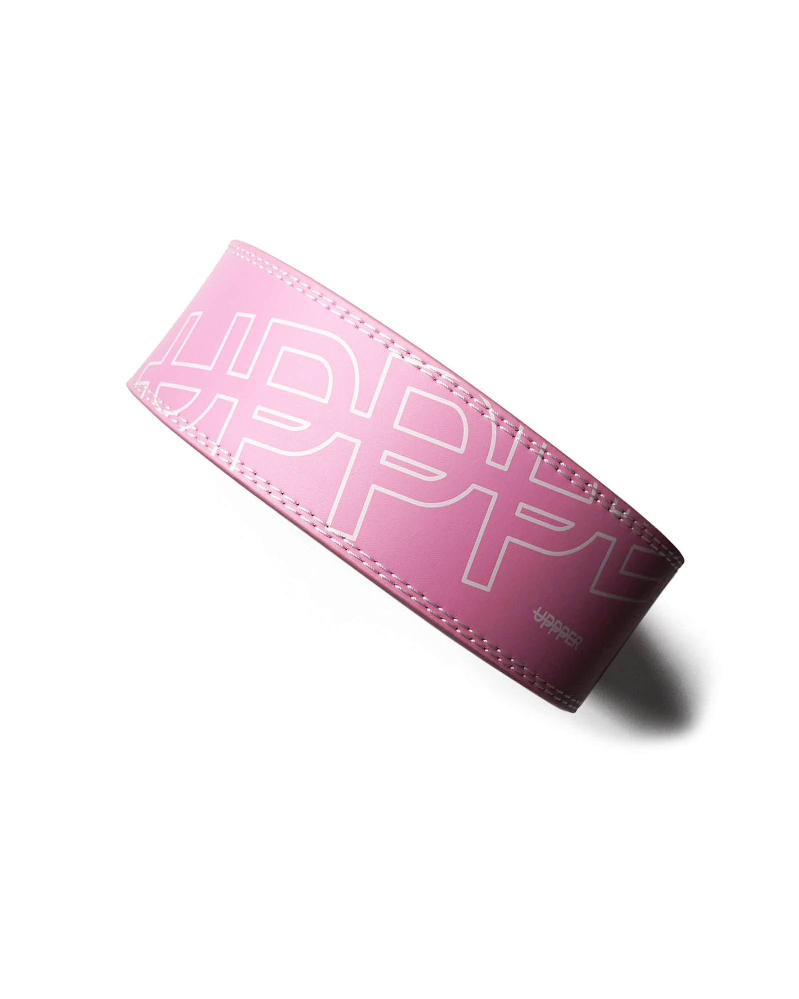 pink uppper leather lever belt showing stitching detail and logo