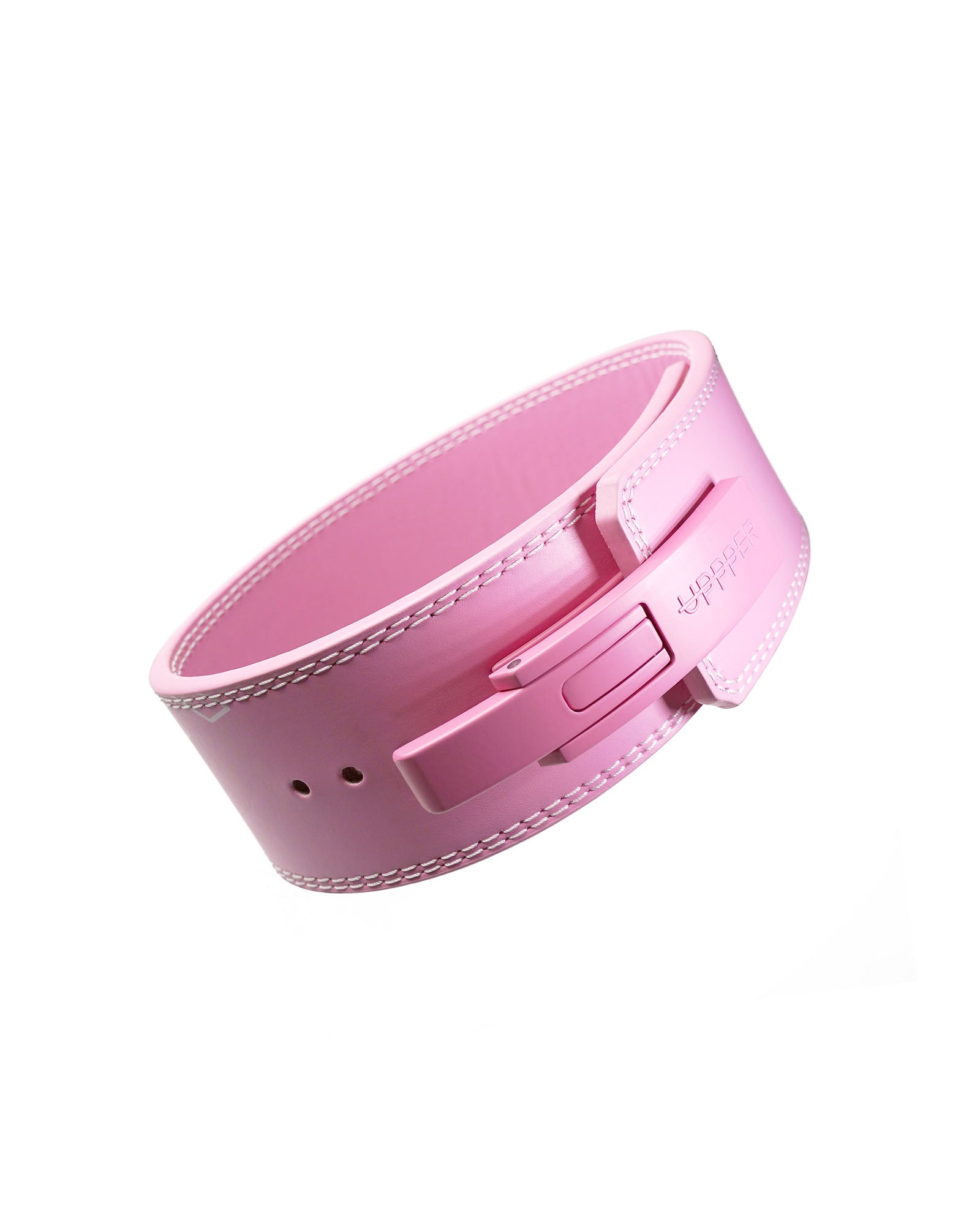 pink uppper leather lever belt coiled showing lever buckle mechanism on white background
