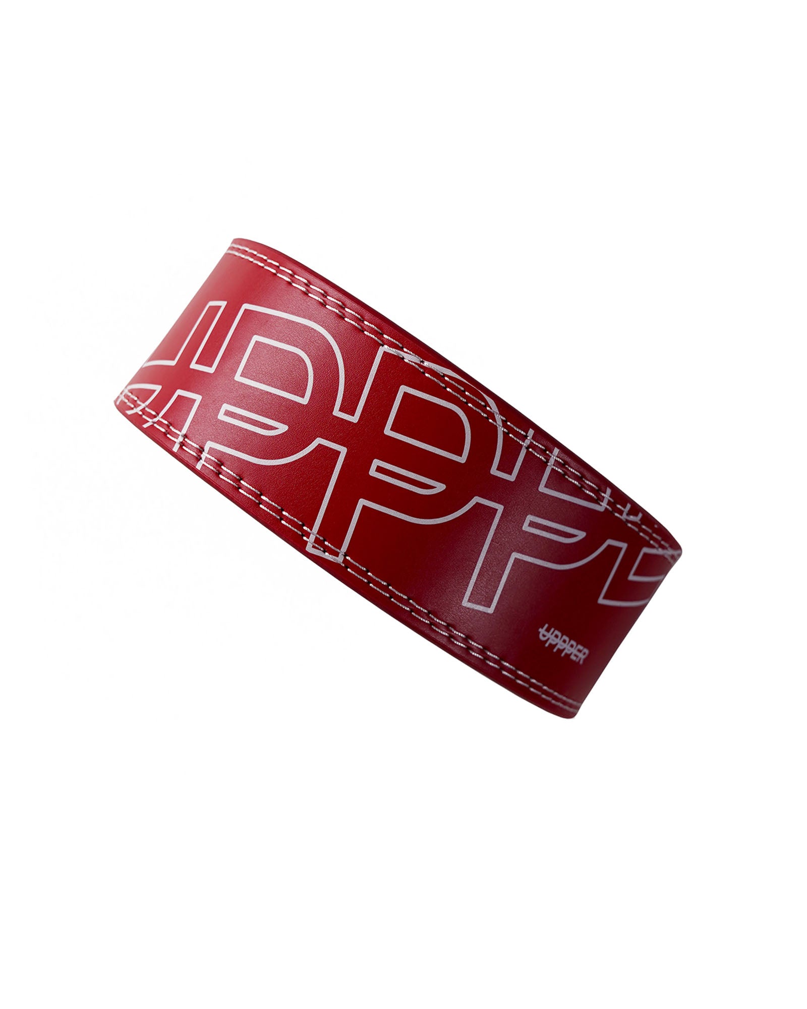 red uppper leather lever belt showing stitching detail and logo
