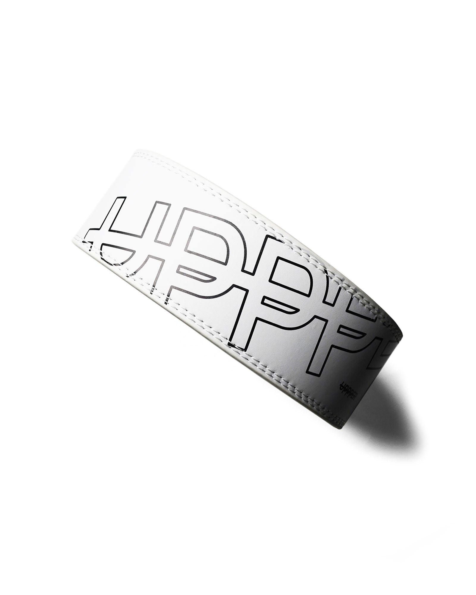 white uppper leather lever belt showing stitching detail and logo