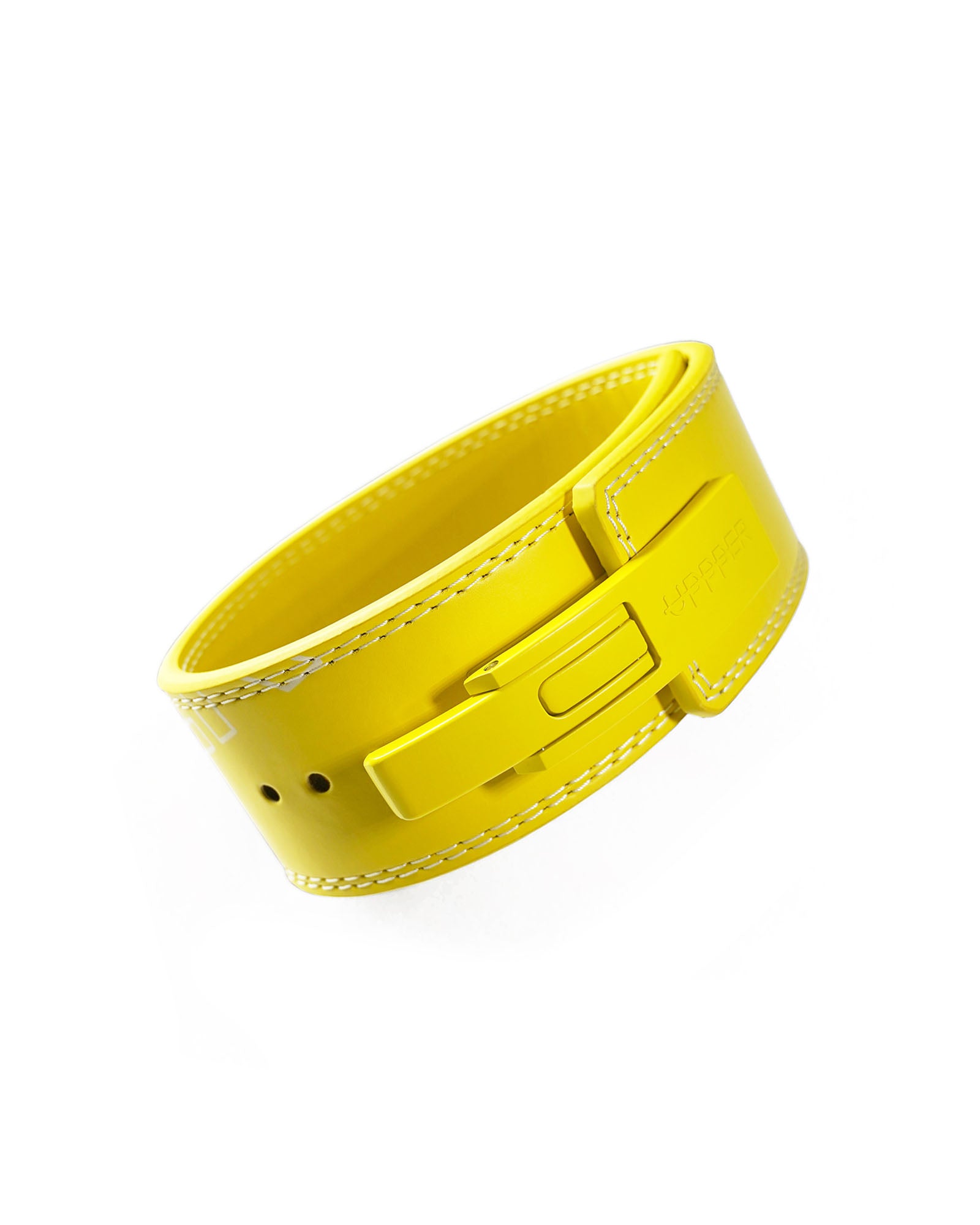 yellow uppper leather lever belt coiled showing lever buckle mechanism on white background