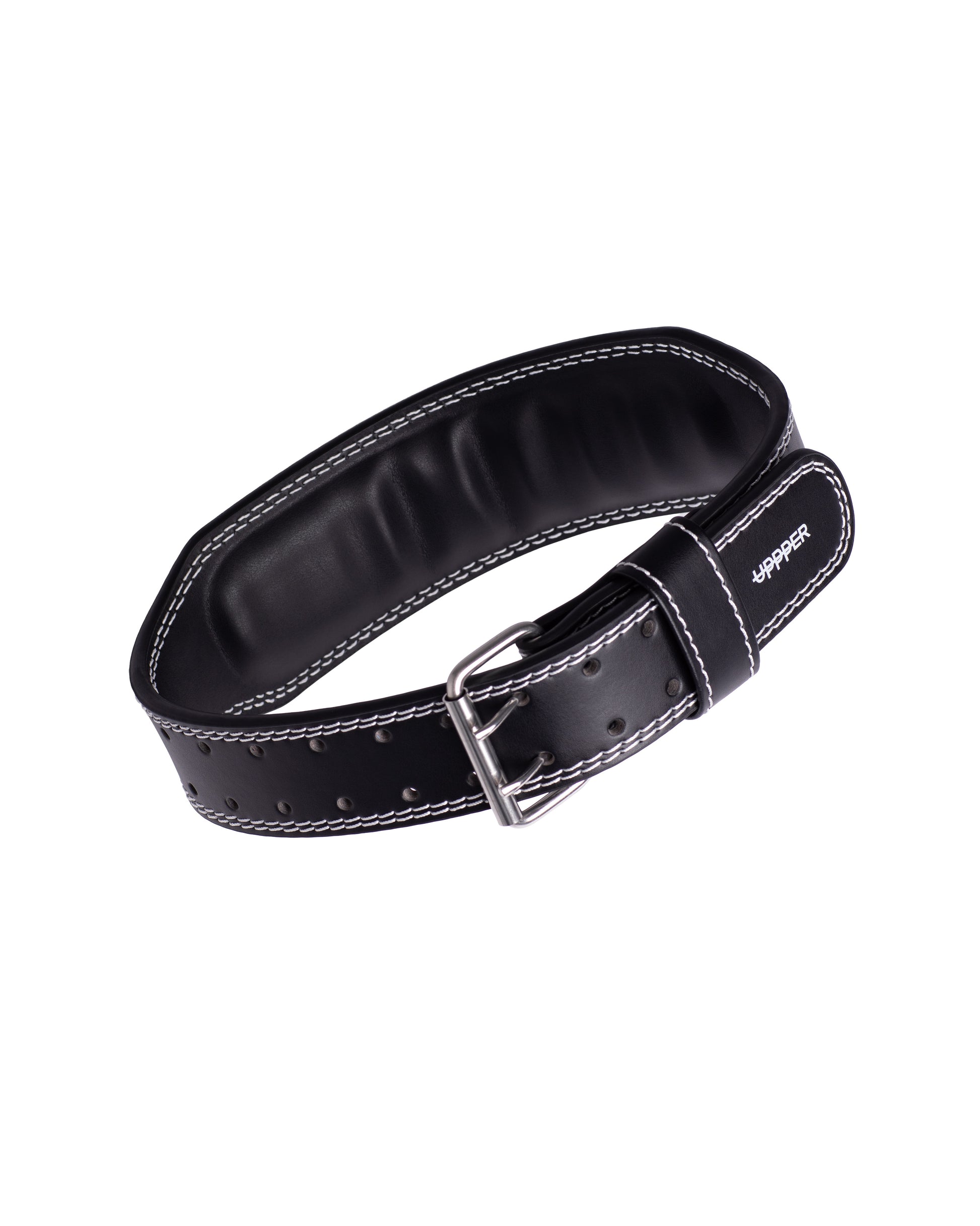 black uppper lifting belt 2.0 with silver buckle product shot on white background