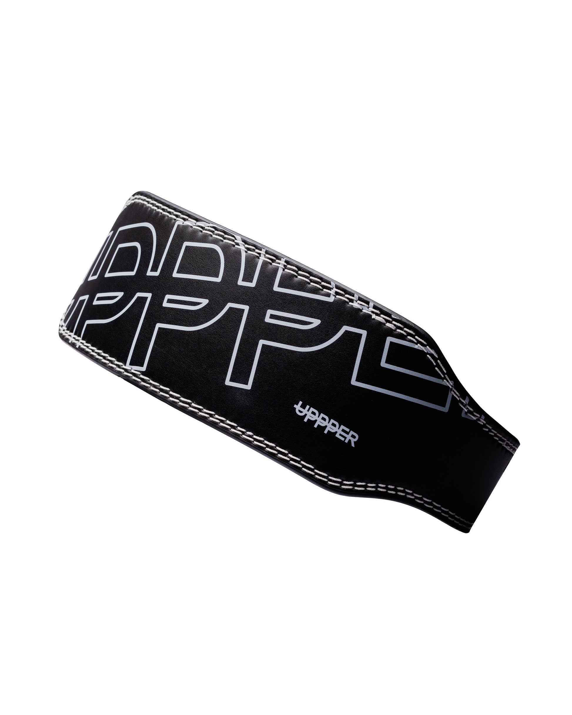 black uppper lifting belt shown at angle on white background