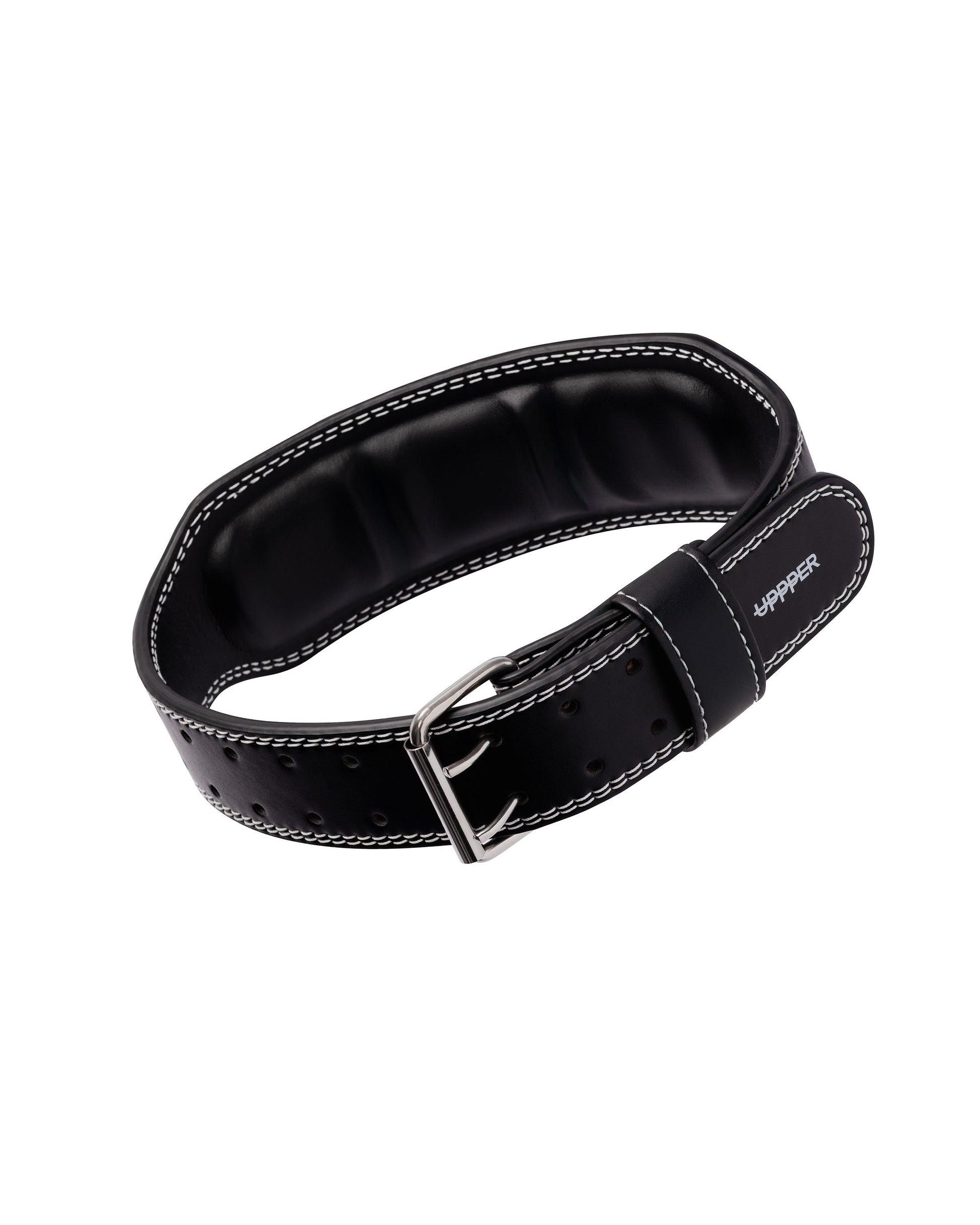 black uppper lifting belt showing inner lining and stitching detail