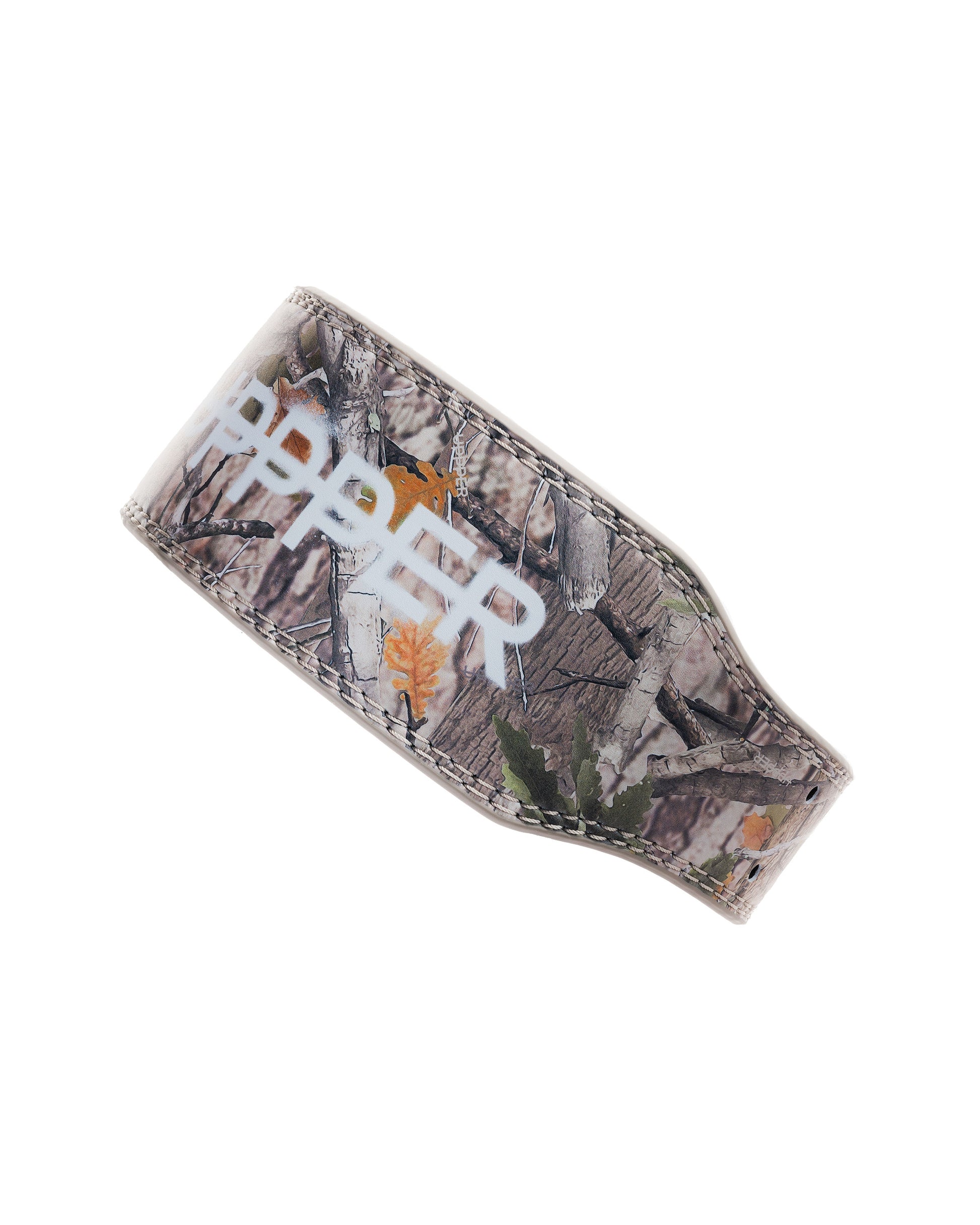 camo print uppper lifting belt with white uppper logo and on white background