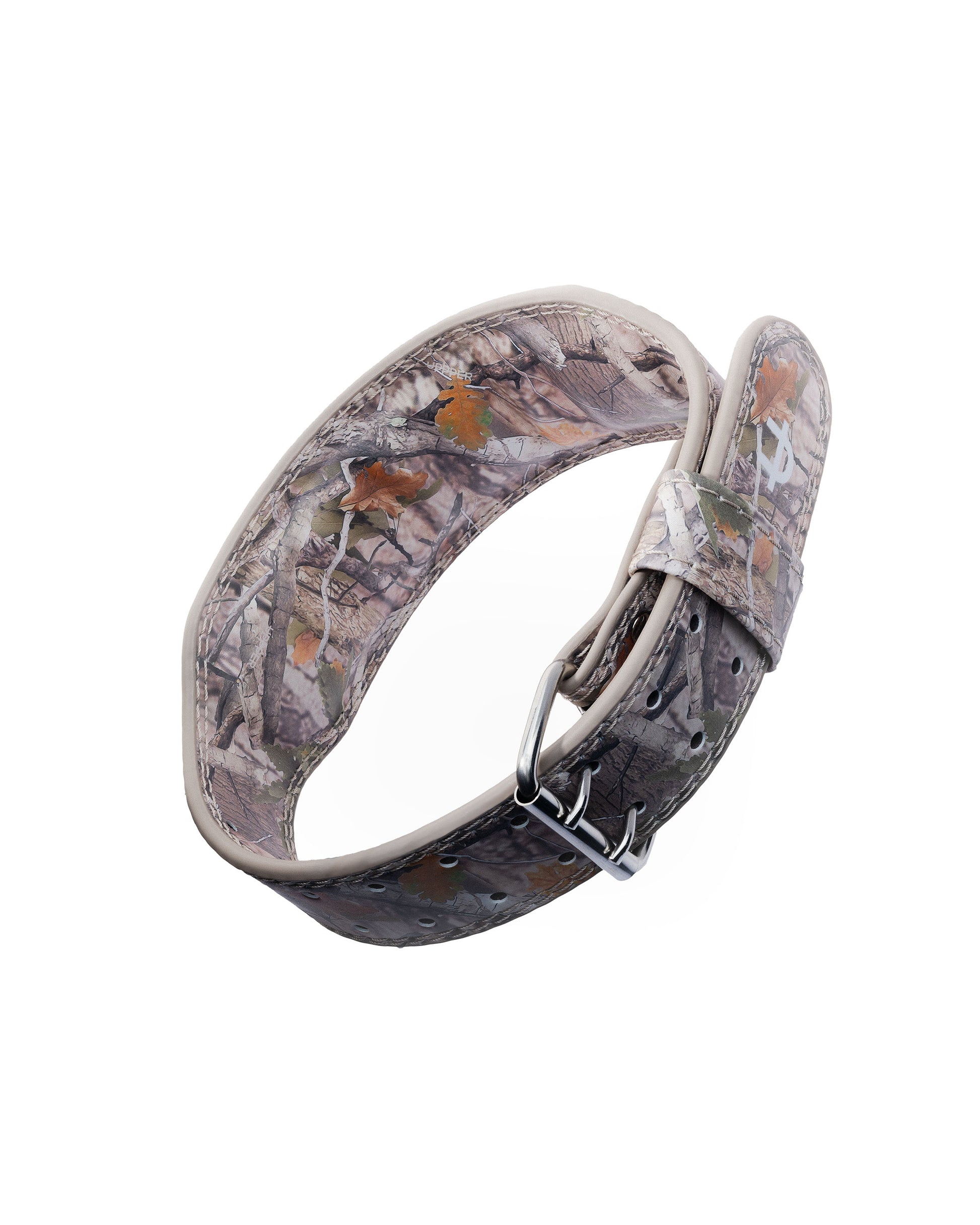 close-up of camo uppper lifting belt showing texture and stitching detail
