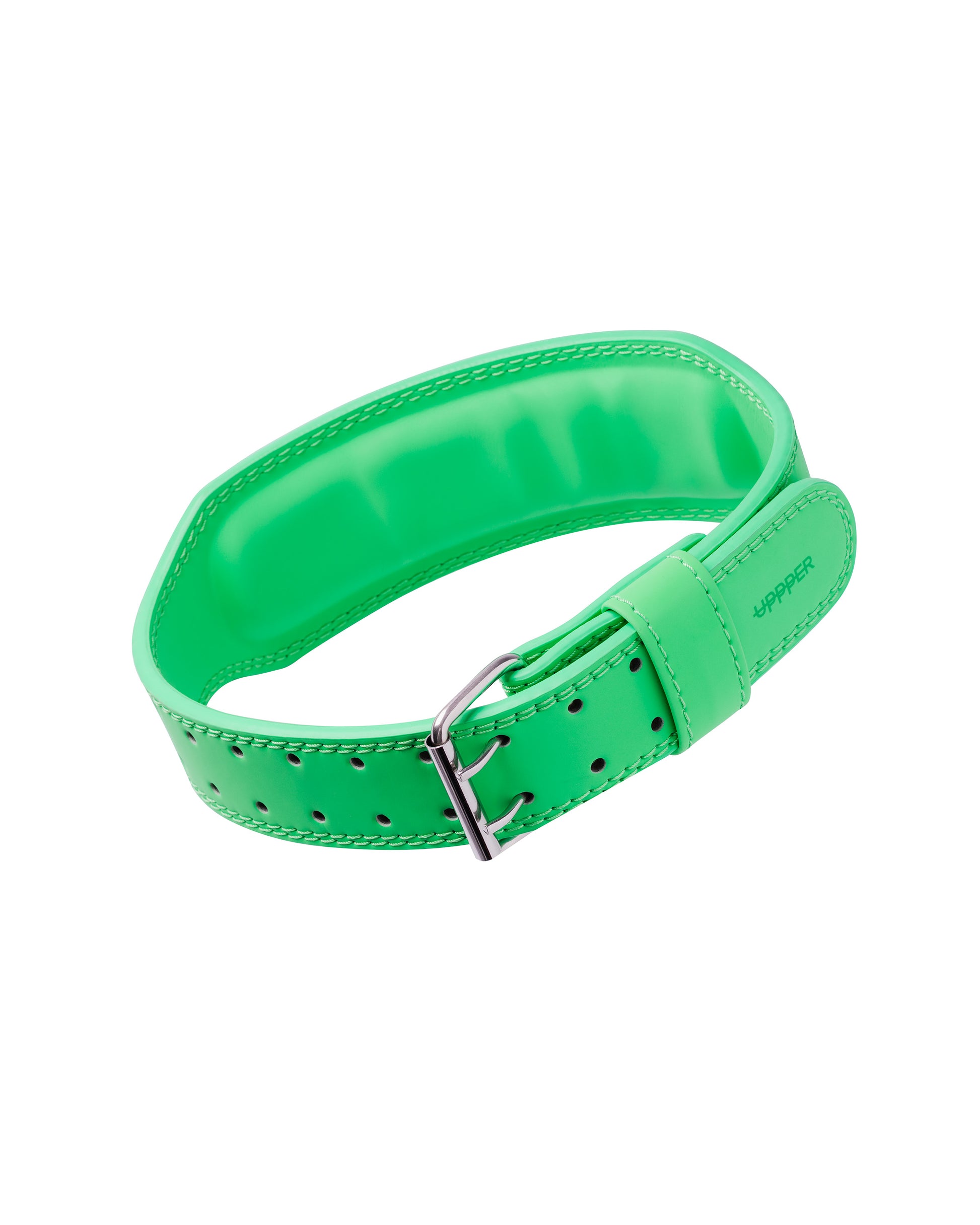 neon green uppper lifting belt showing inner lining and stitching detail