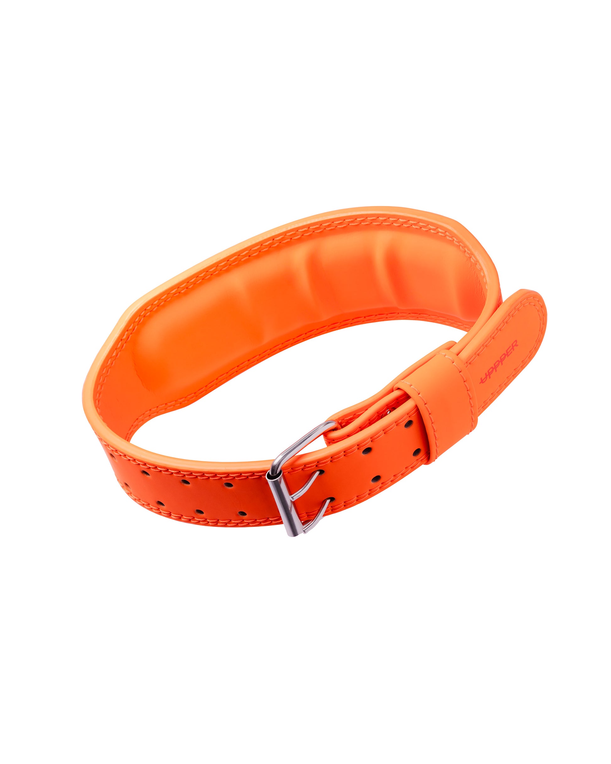 neon orange uppper lifting belt showing inner lining and stitching detail