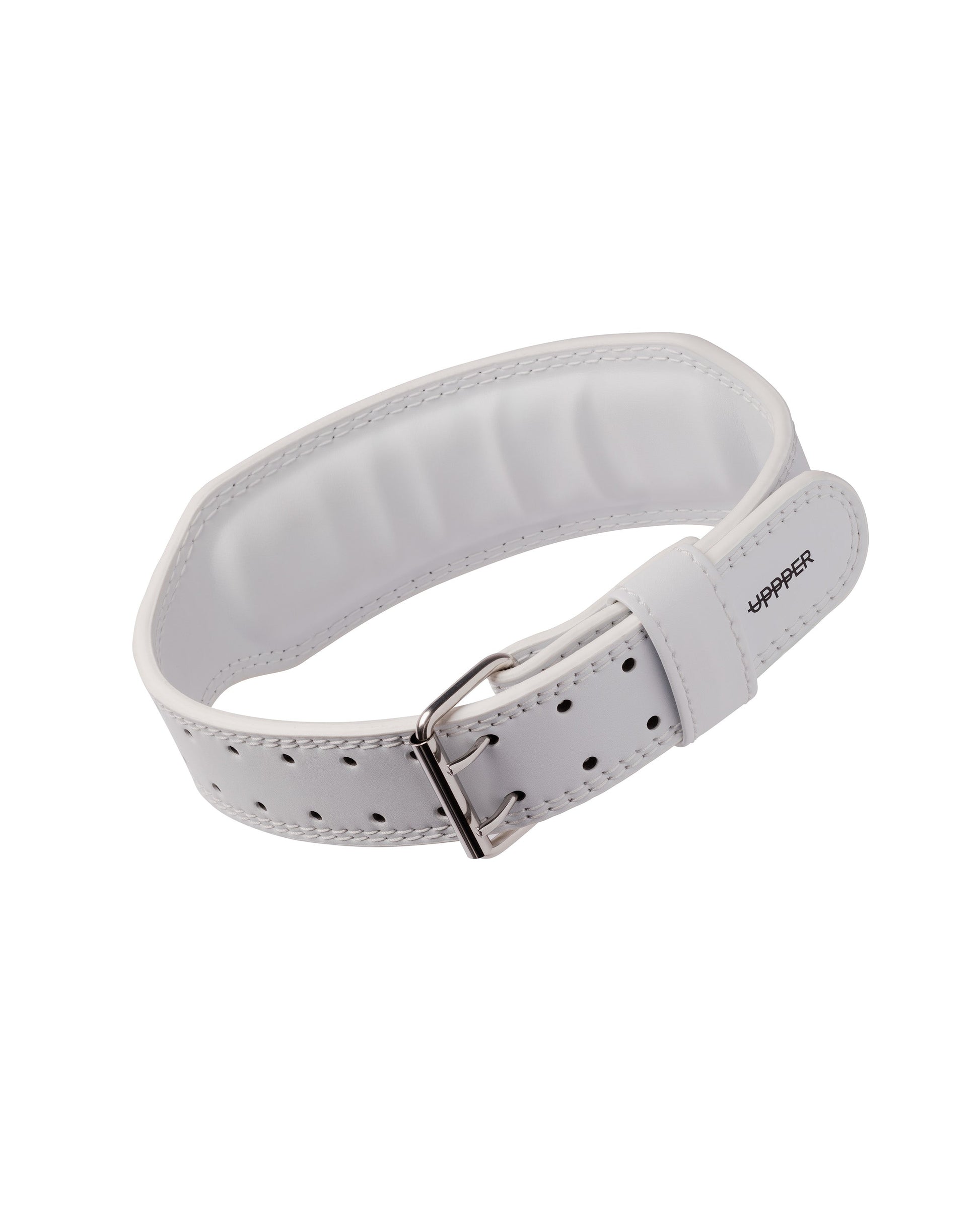 white uppper lifting belt showing inner lining and stitching detail