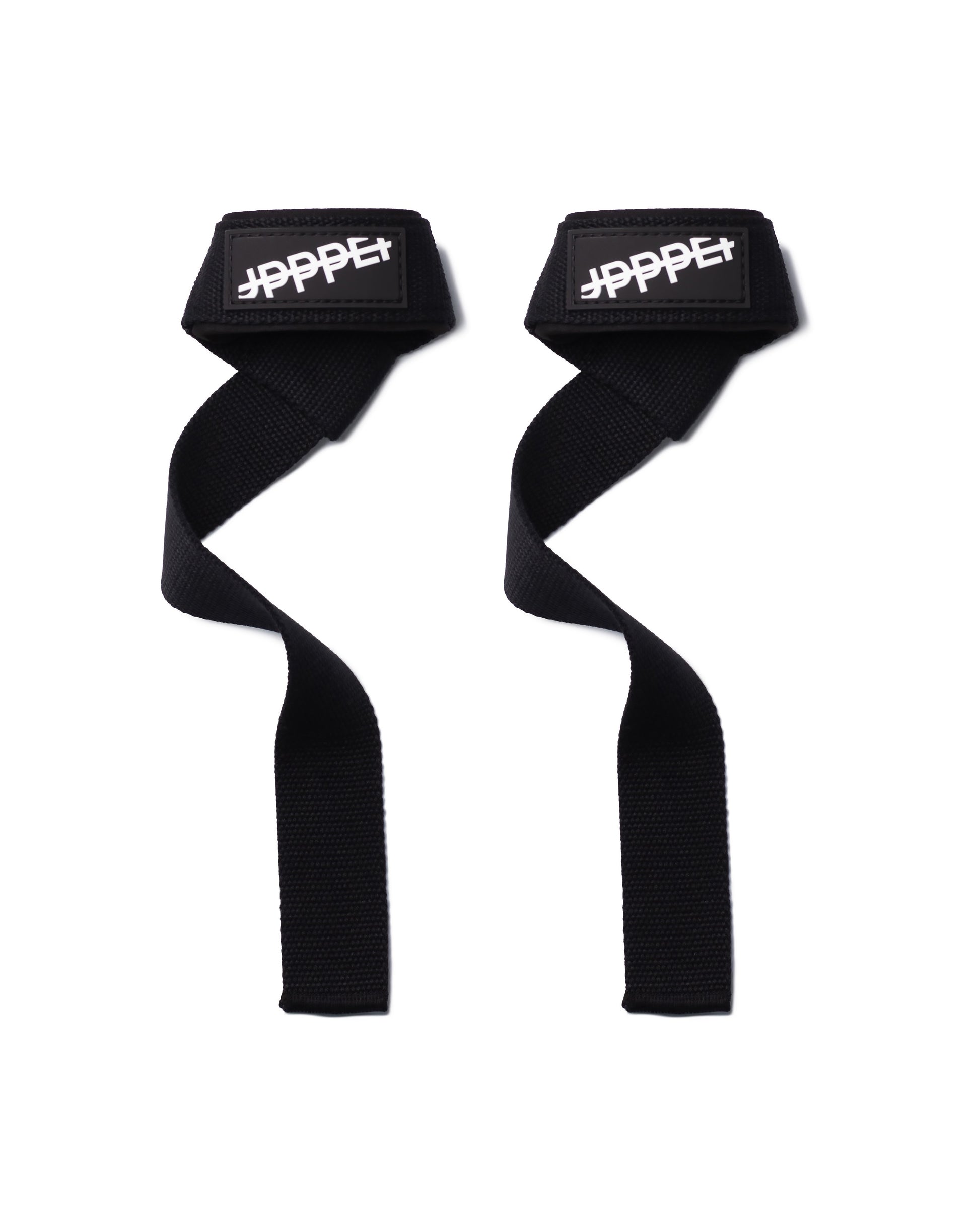 pair of black uppper lifting straps 2.0 standing upright on white background